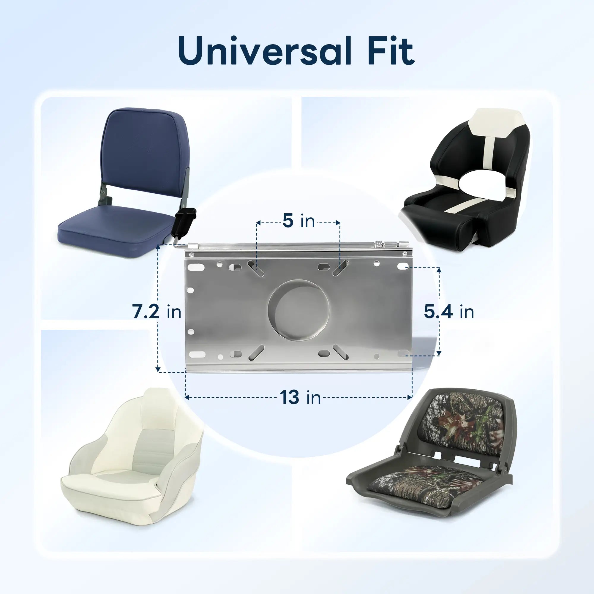 Product dimension breakdown of Marinexplore boat seat slide mount measuring 13 inches long, surrounded by compatible boat seat styles.
