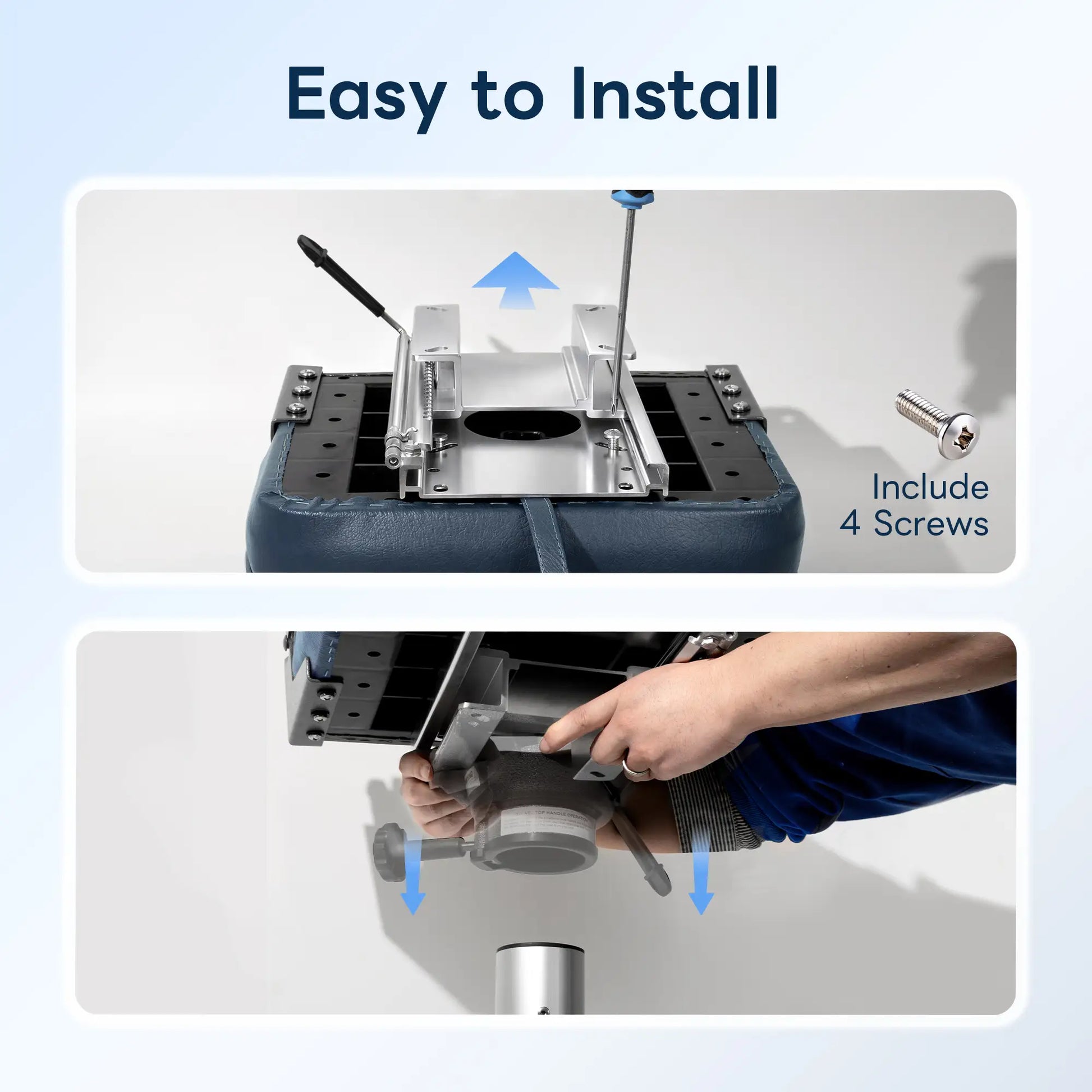 Step-by-step installation guide demonstrating how to mount the Marinexplore boat seat slider to a seat and pedestal using included screws.