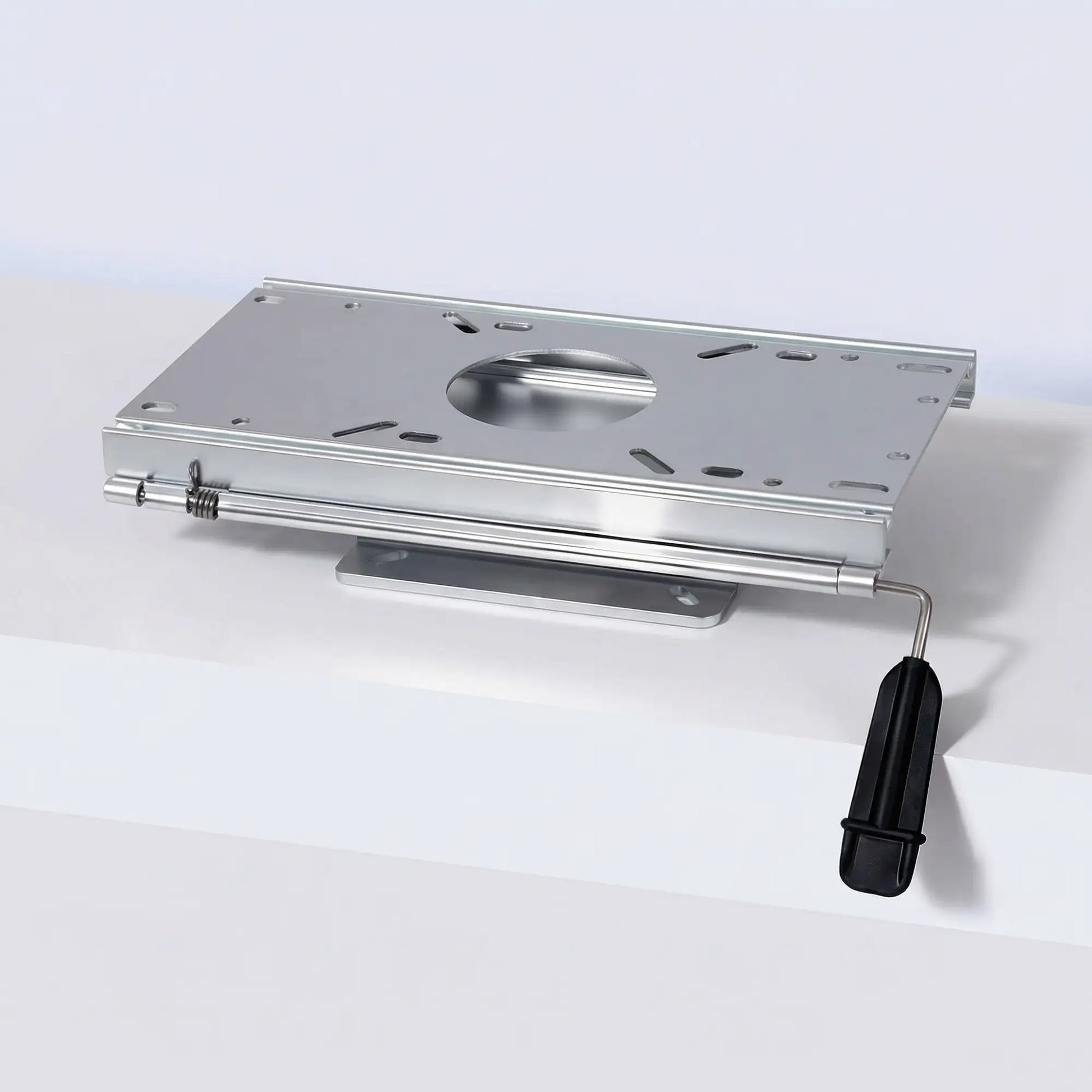 Marinexplore silver marine-grade aluminum boat seat slider with adjustment handle resting on a white platform.