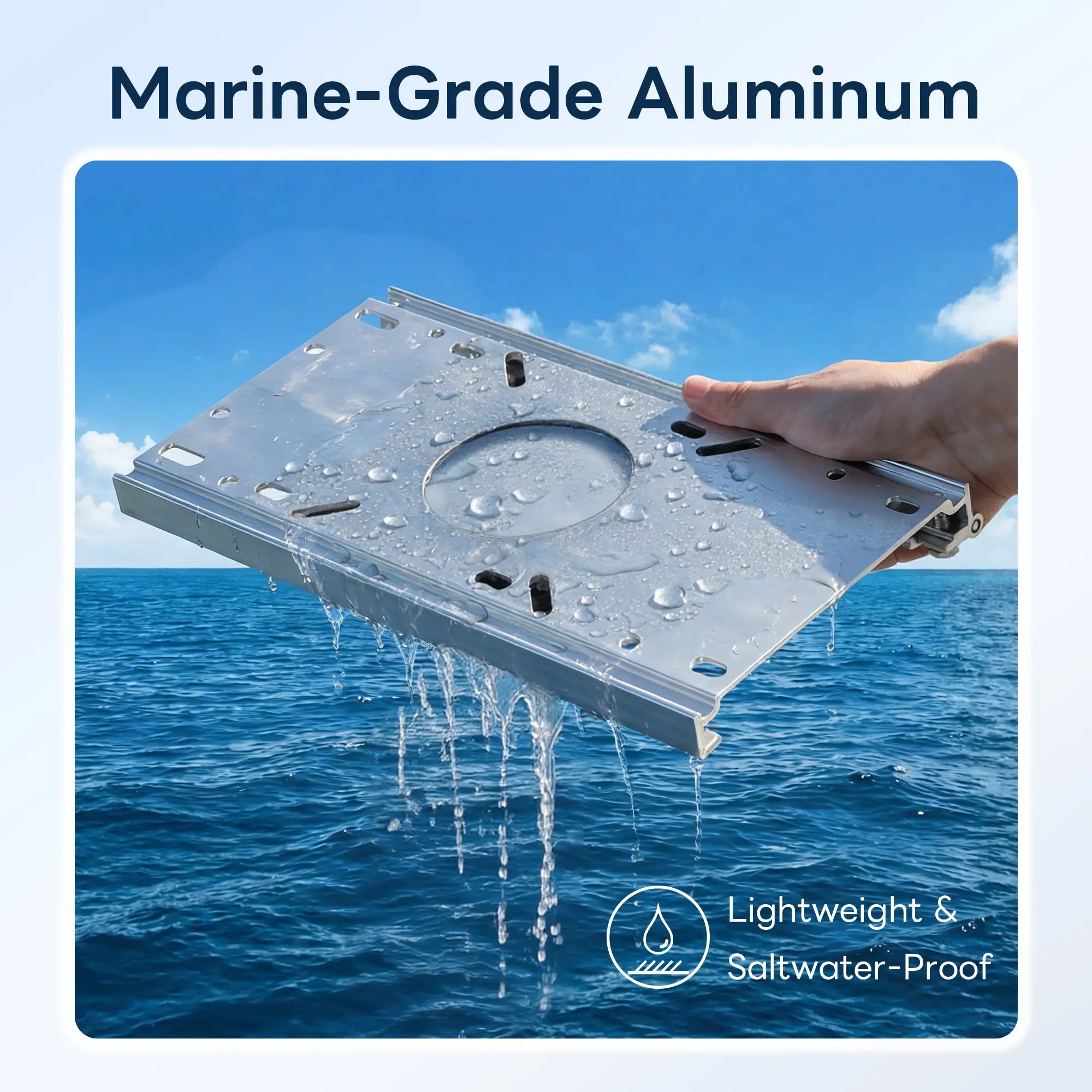 A hand holding a lightweight Marinexplore saltwater-proof aluminum seat slide with water dripping over the ocean background.