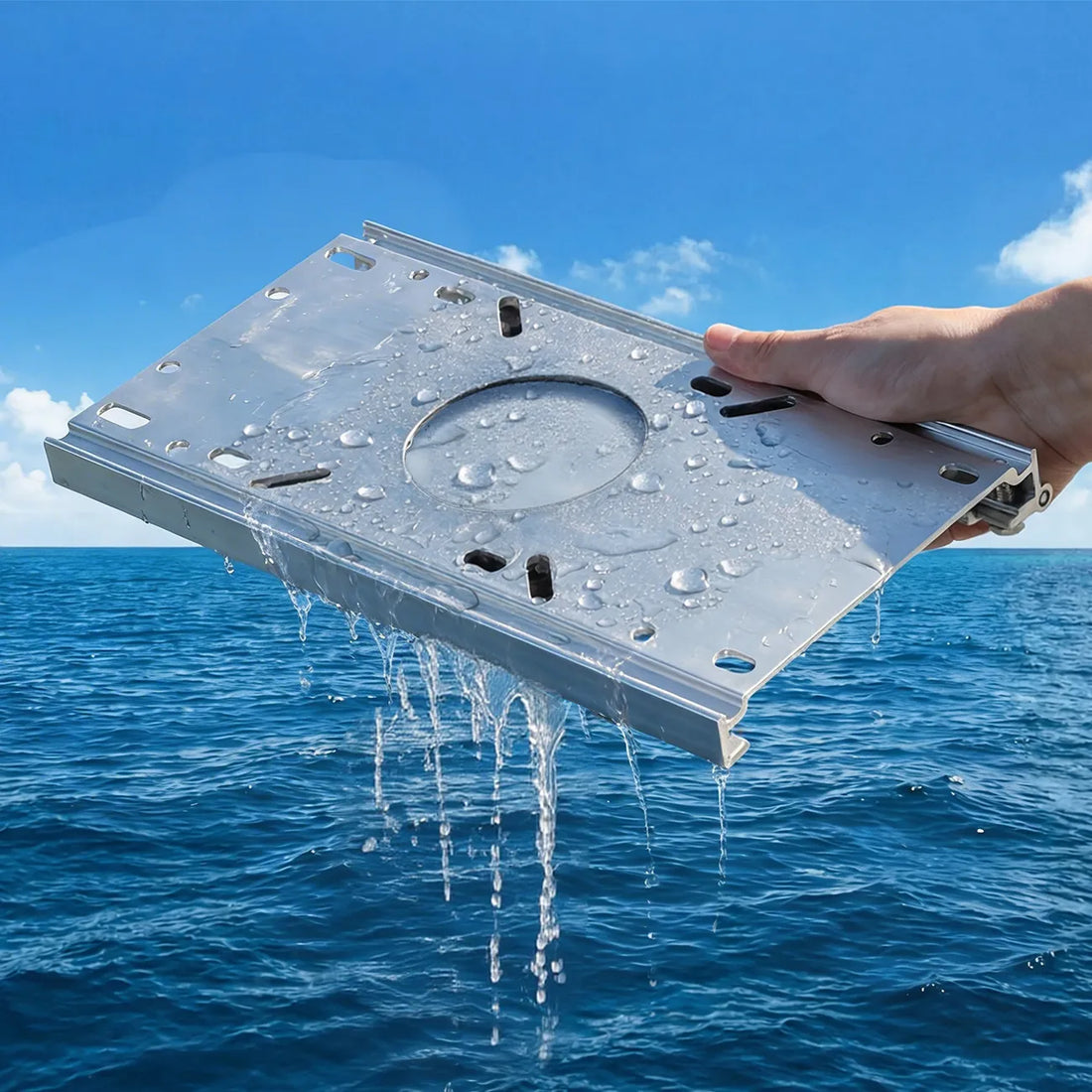 Hand holding a wet silver boat seat slider plate with water dripping from its edges.