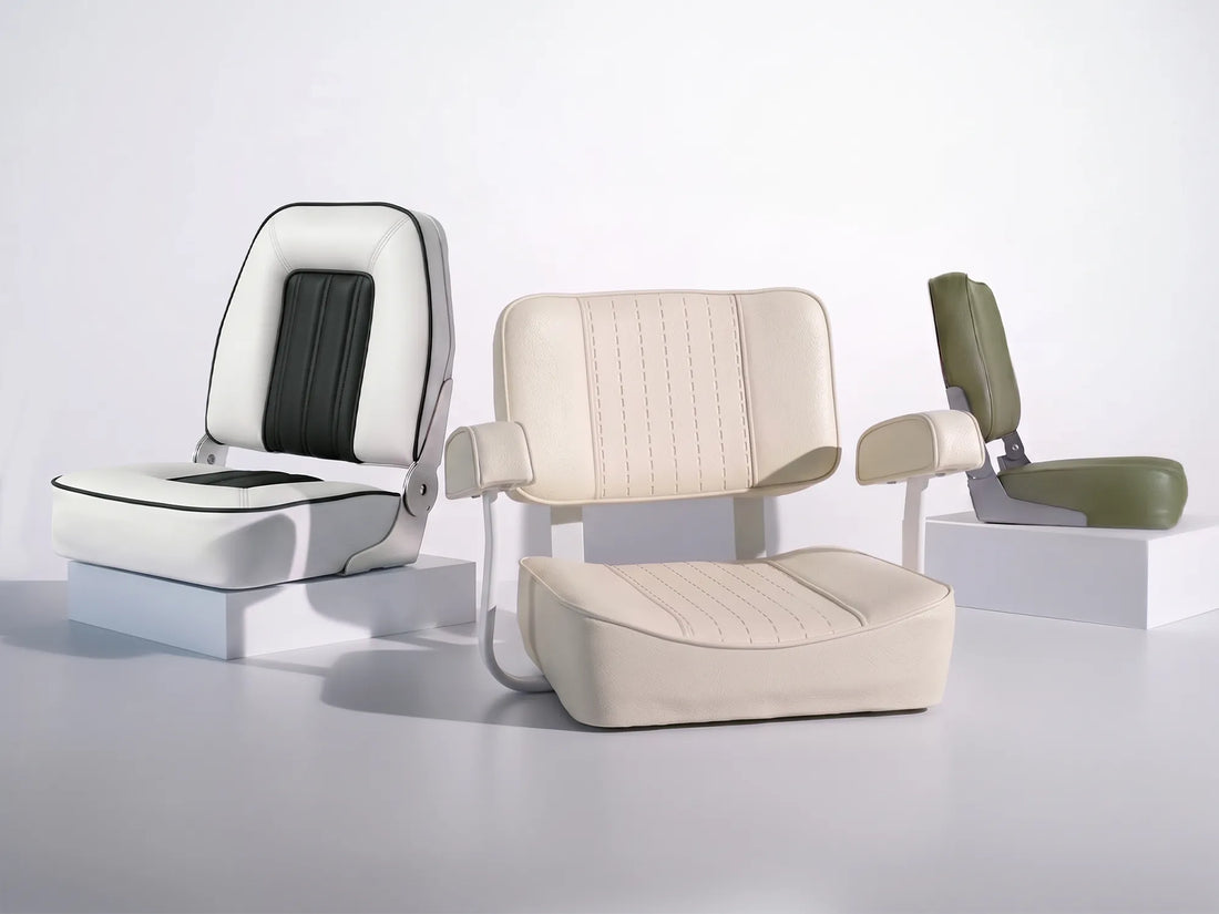 Three Marinexplore boat seat styles in white, cream, and green.