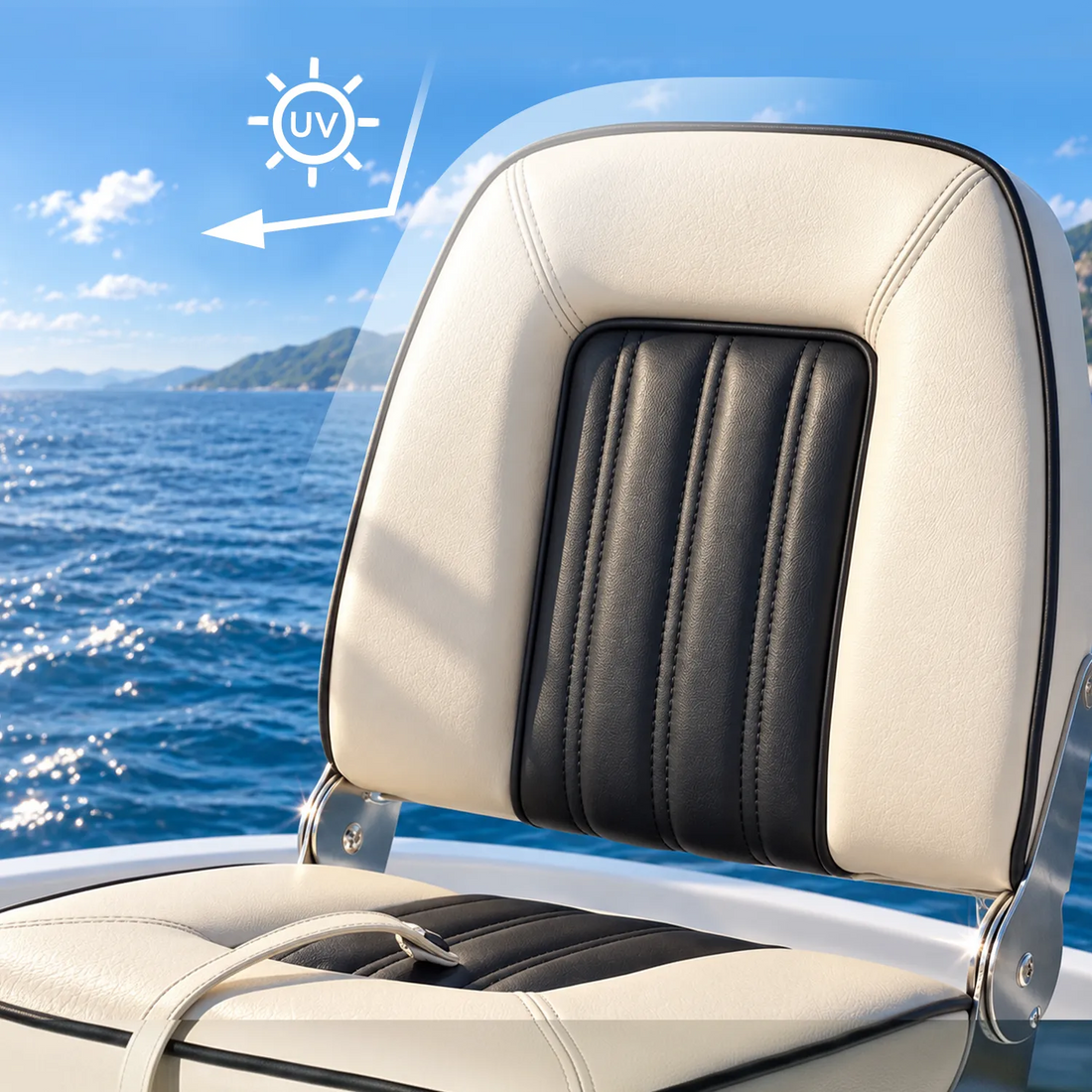 Marinexplore white and black boat seat exposed to sunlight, highlighting UV-resistant marine vinyl.