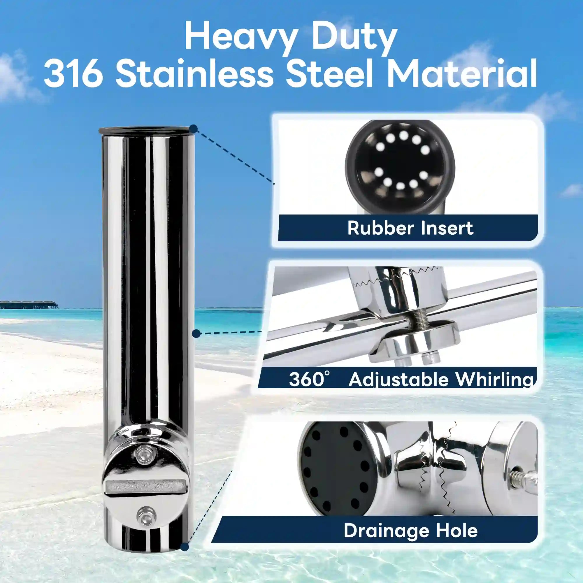 Feature callouts on Marinexplore bottom mount rod holder showing rubber insert, swivel clamp, and drain holes.