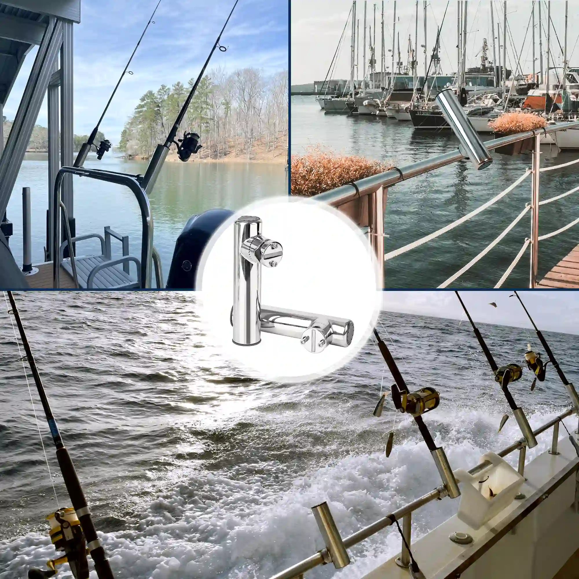 Marinexplore bottom mount rod holder in use on a boat rail at a marina and while trolling multiple rods.