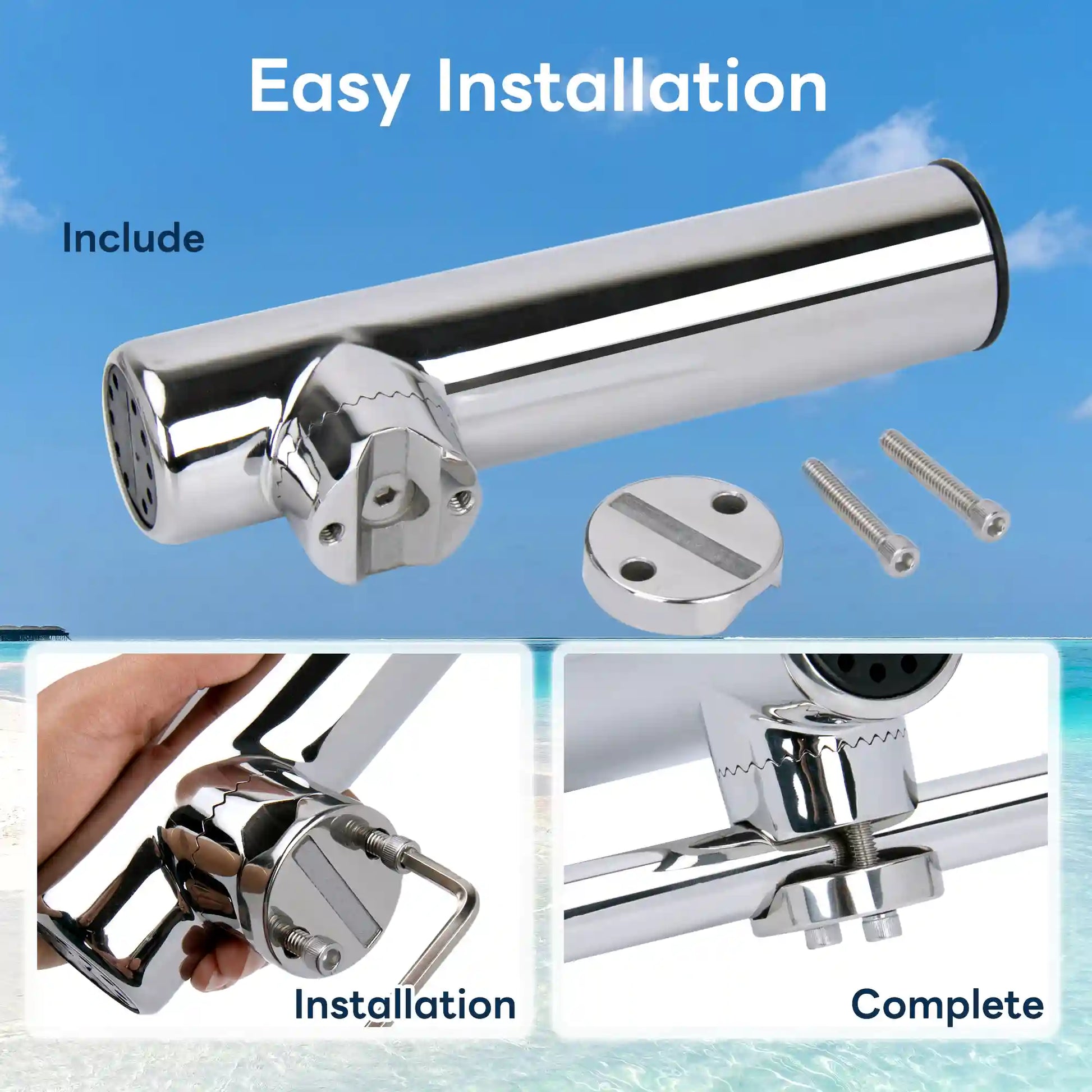 Installation guide for Marinexplore bottom mount rod holder with included bolts and a completed rail mount.