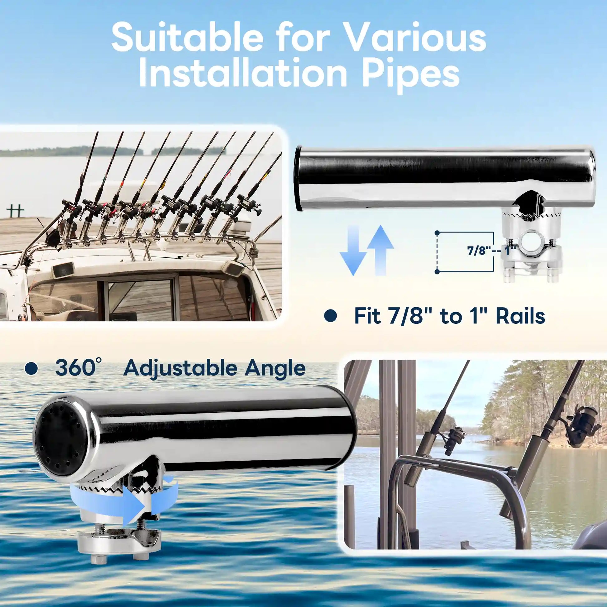 Marinexplore bottom mount rod holder clamping onto a 7/8 to 1 inch rail with 360 degree angle adjustment.