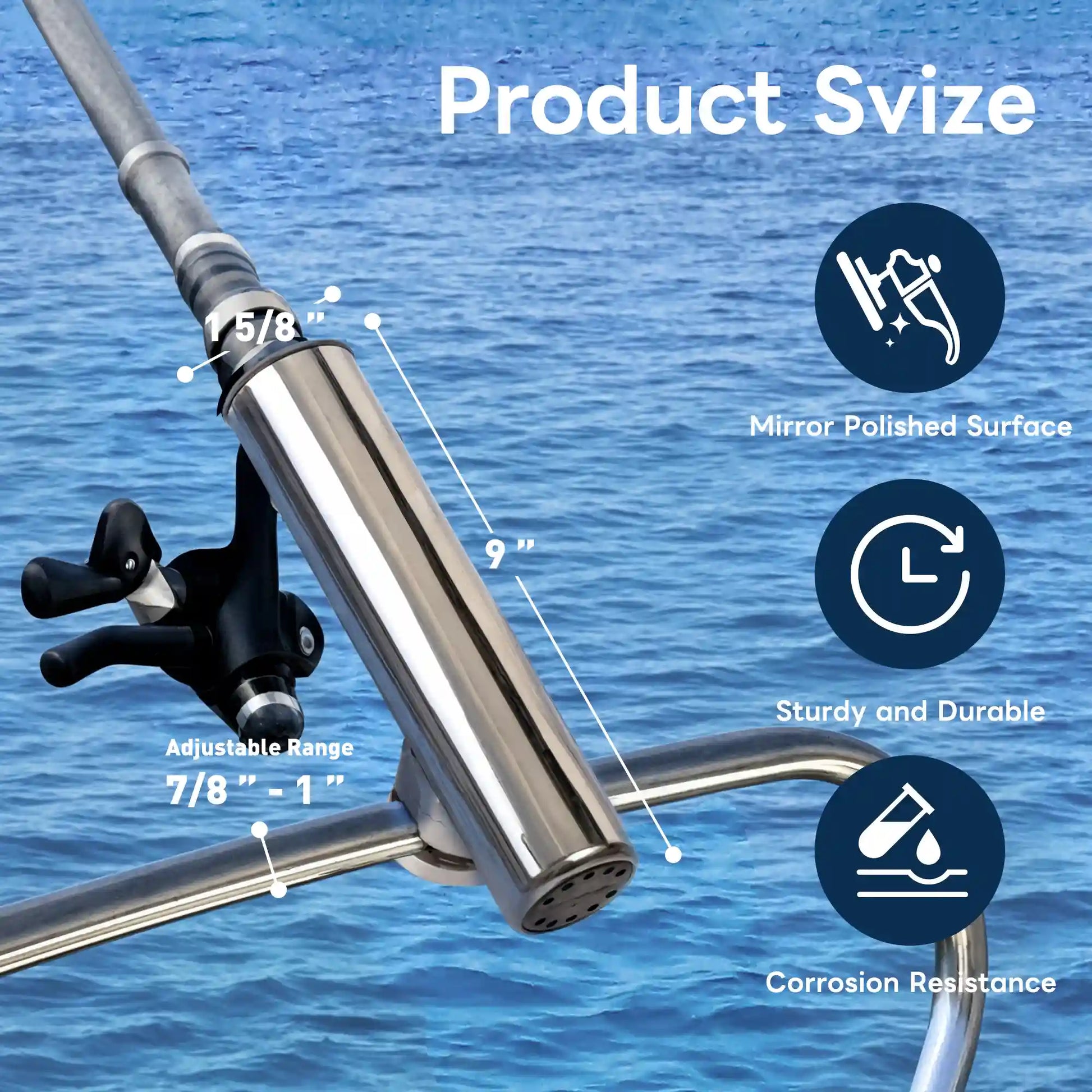 Dimension chart of Marinexplore bottom mount rod holder with a fishing rod secured on a boat rail.