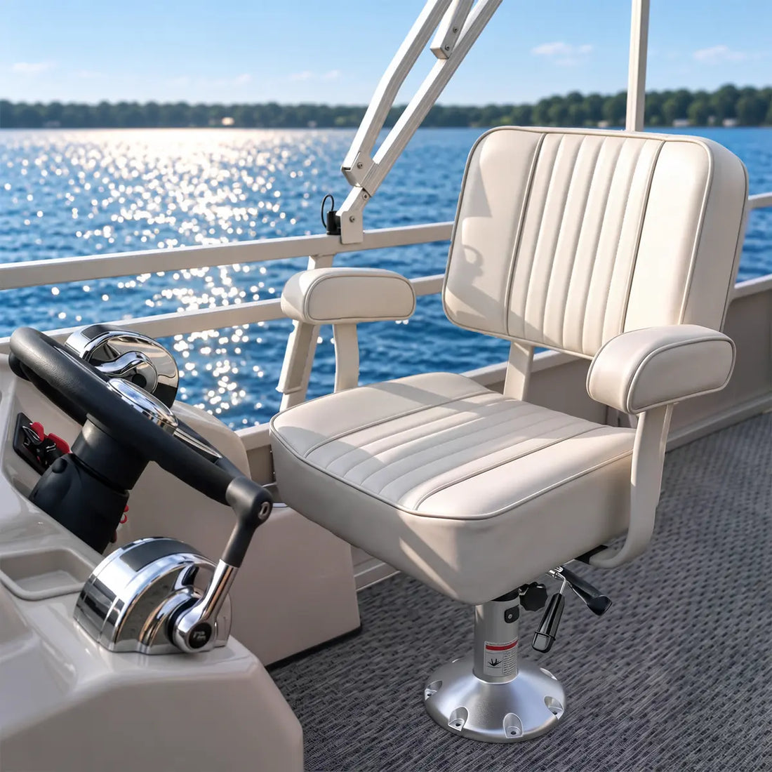White Marinexplore captain's boat seat with armrests mounted on a pedestal at the helm.
