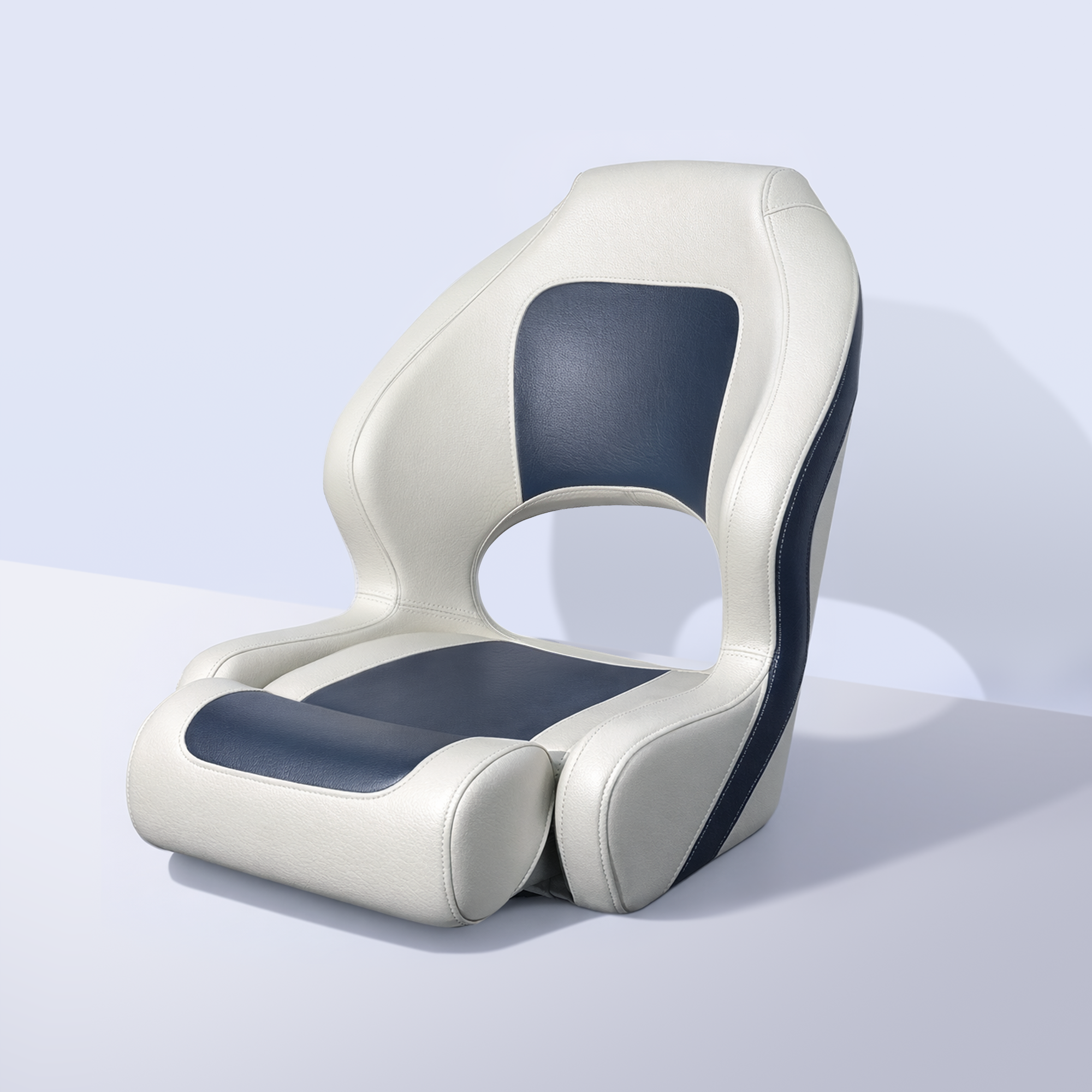 Comfortable white and blue captain chairs, flip-up bolster, high back support and padded seats for enhanced boating comfort