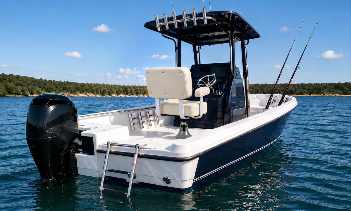 Rear-side view of a white center console fishing boat with a helm seat, rod holders, ladder, and outboard motor.