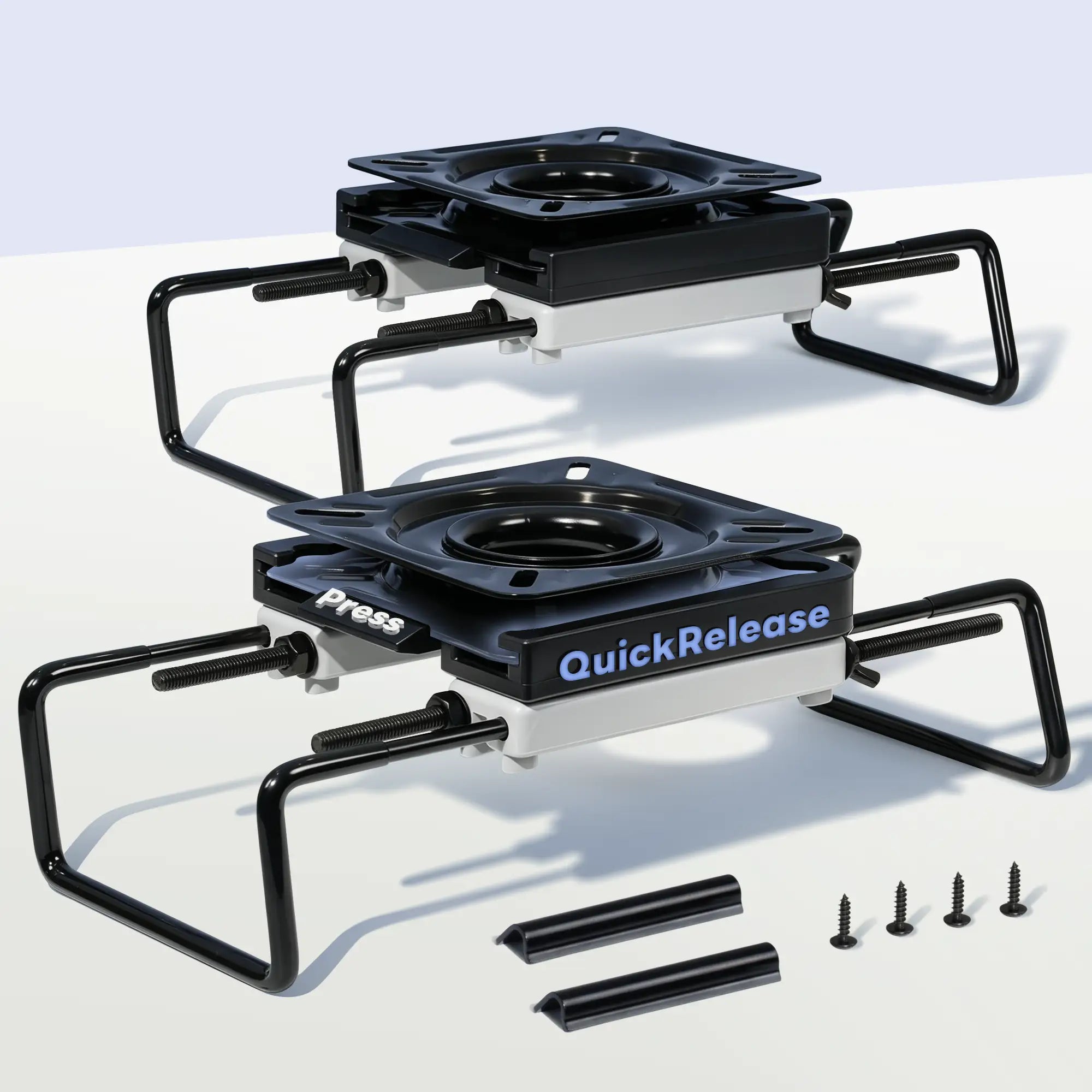 Marinexplore black adjustable clamp-on boat seat swivel mount 2-pack with quick-release button, steel clamp legs, protective inserts, and mounting screws.