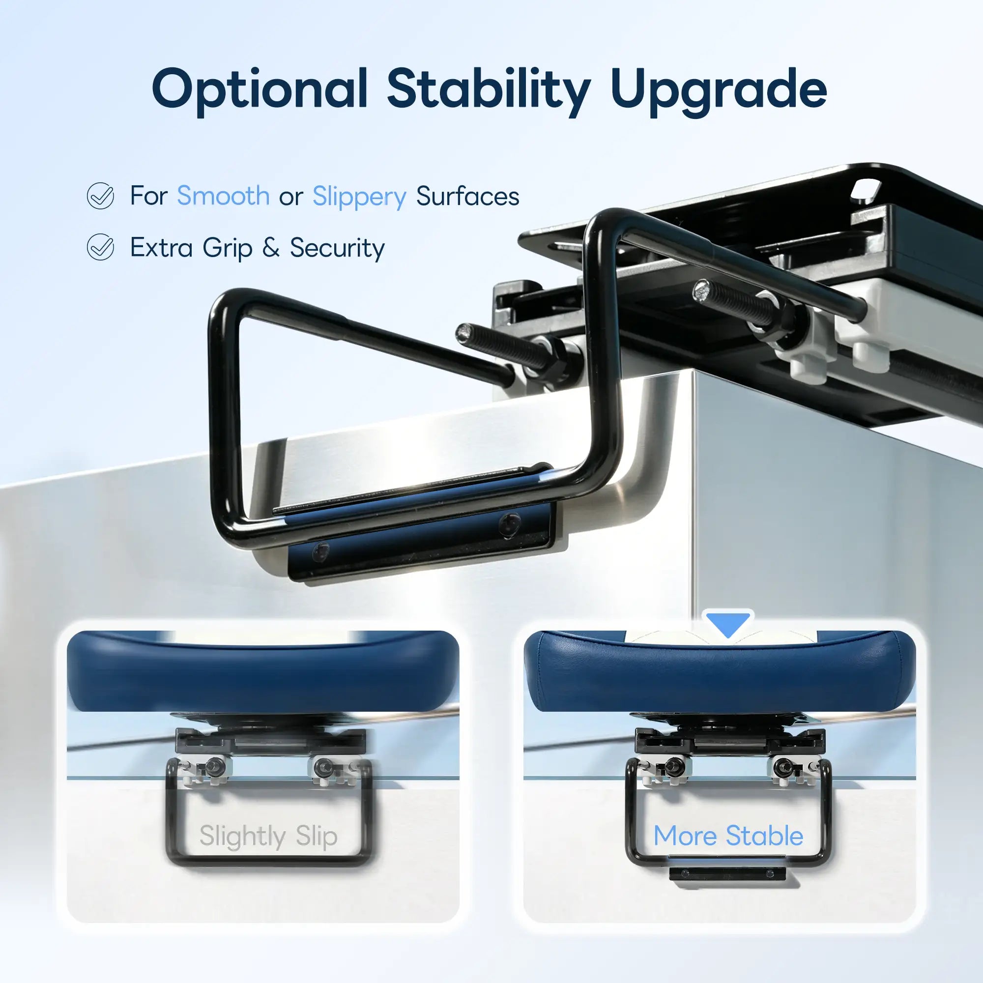 Marinexplore clamp-on boat seat mount anti-slip stability upgrade detail, showing extra grip inserts on boat gunnel for smooth and slippery surfaces.