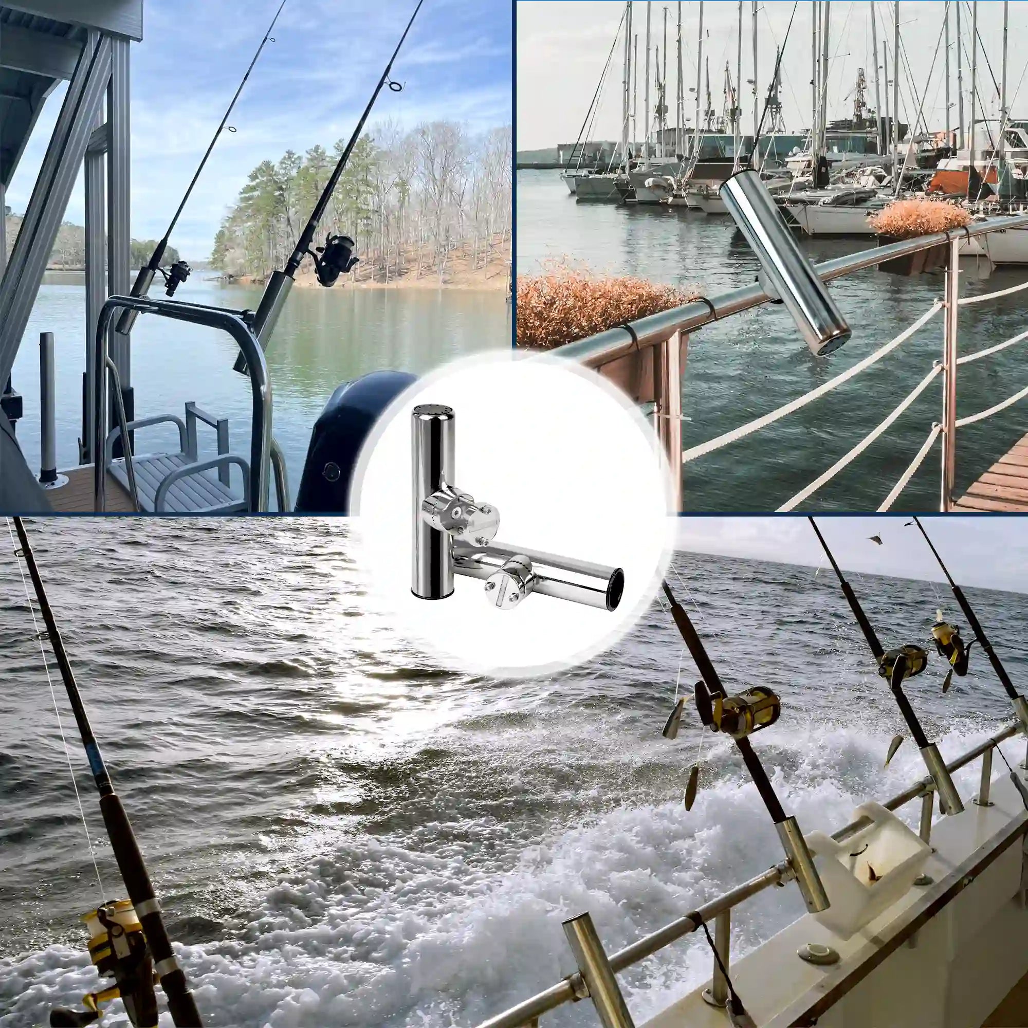 Marinexplore clamp-on rod holder mounted on boat rails at a marina and used for trolling multiple rods.