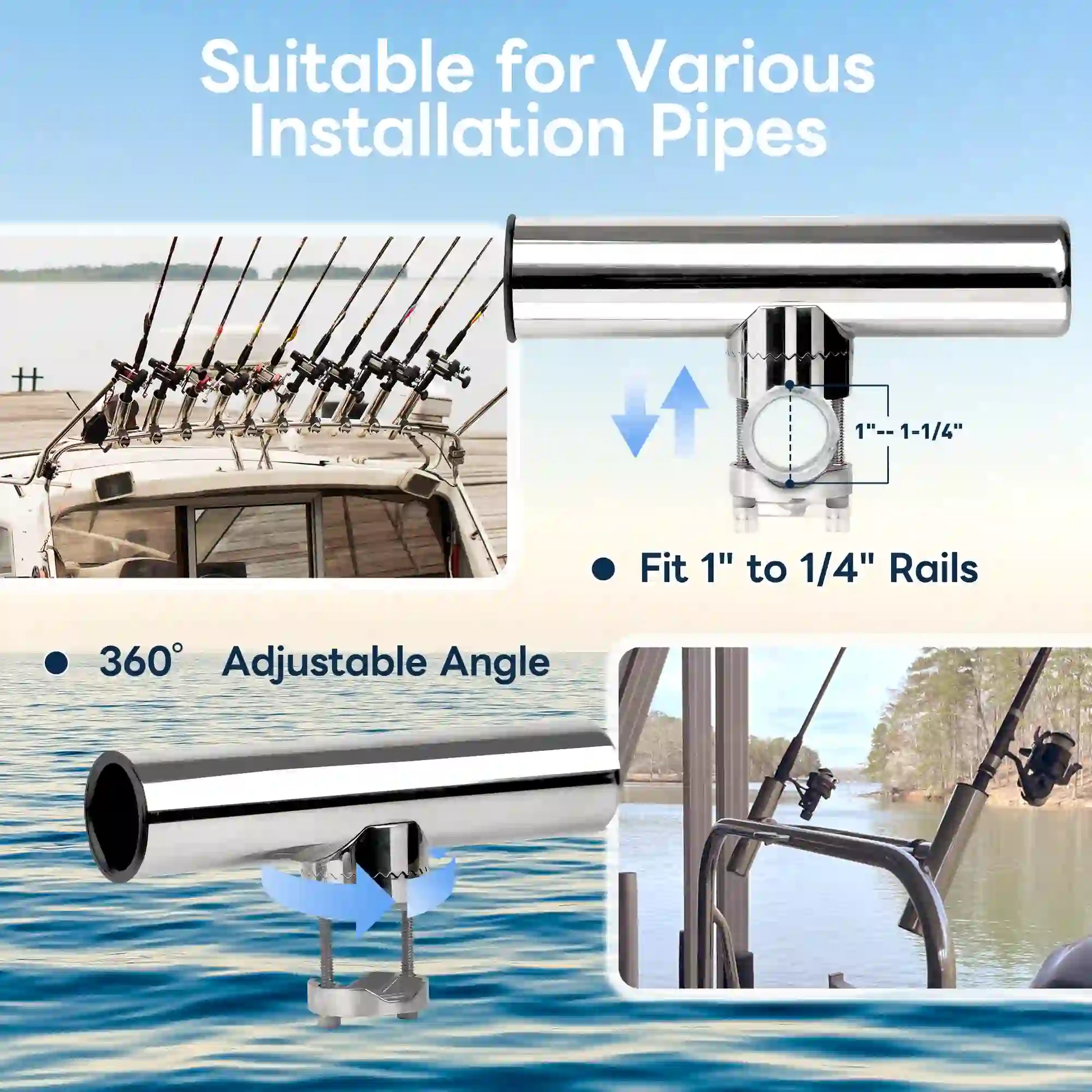 Marinexplore rod holder clamp fitting 1 to 1-1/4 inch boat rails with 360 degree adjustable angle.