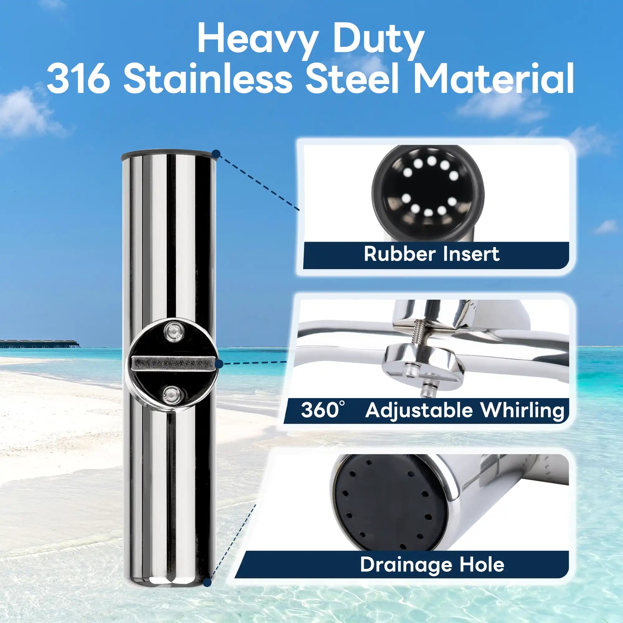 Close-up callouts of Marinexplore rod holder highlighting the rubber insert, swivel joint, and drain holes.