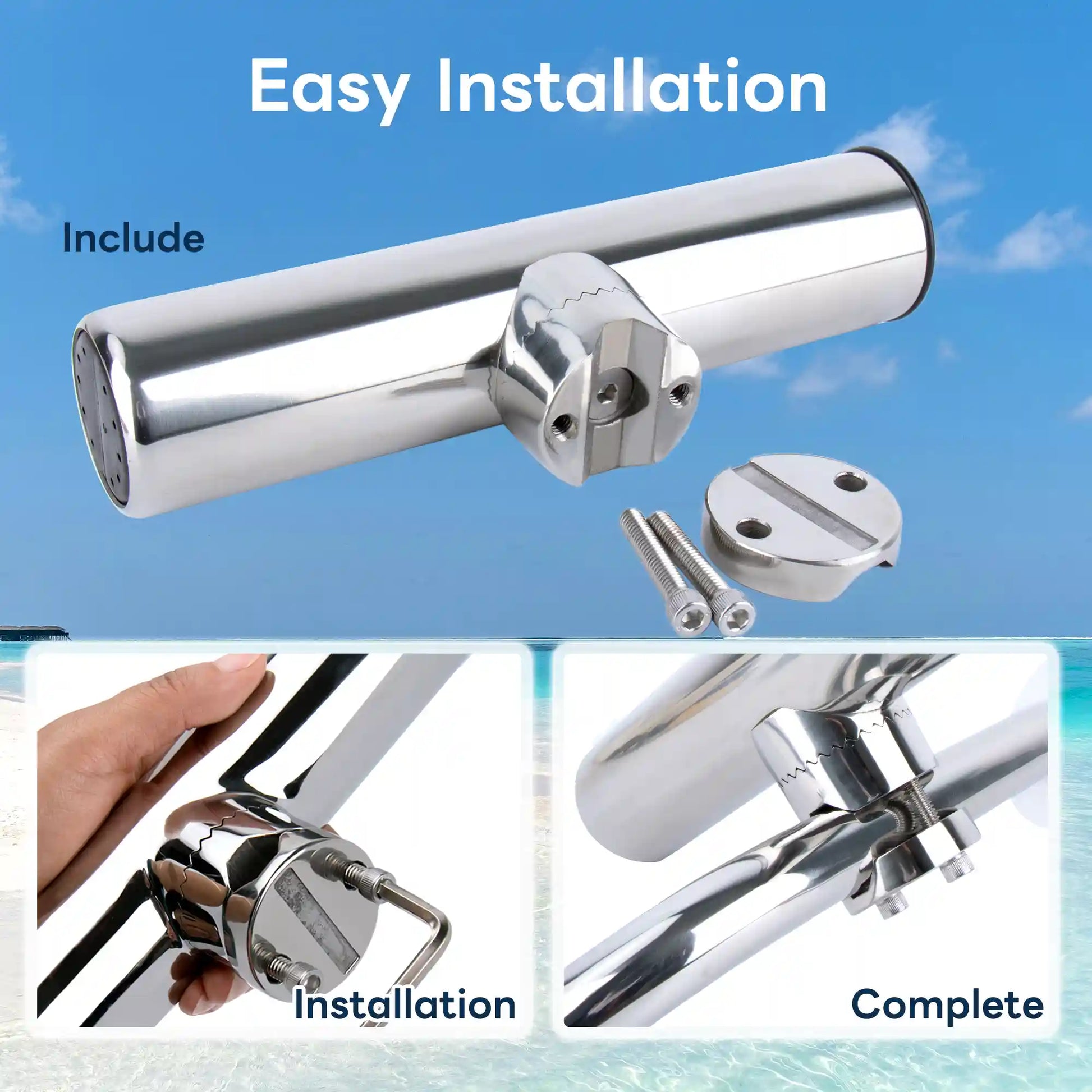 Step by step installation of Marinexplore clamp-on rod holder showing included screws and final mounted result.