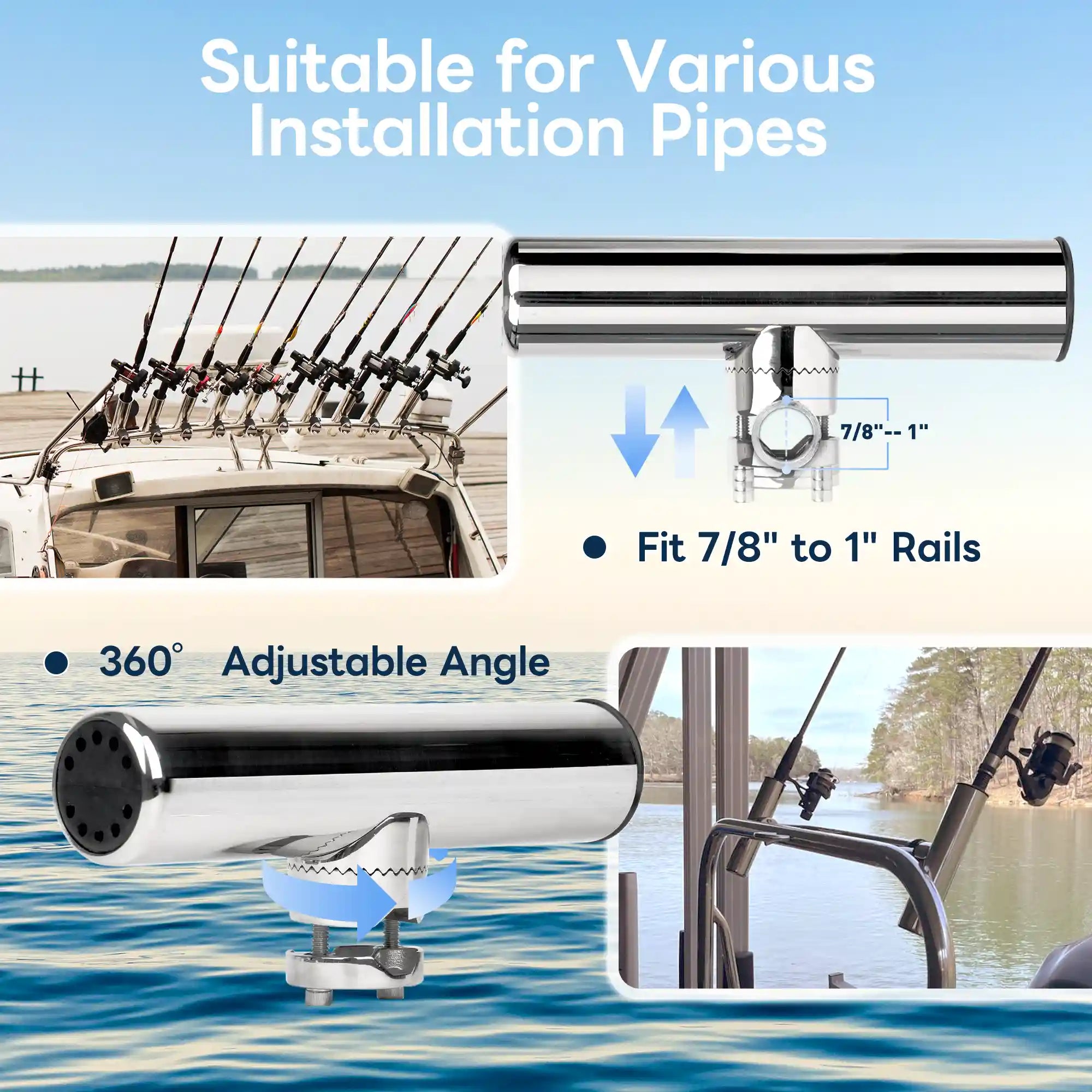 Marinexplore rod holder clamp designed to fit 7/8 to 1 inch round rails with full 360 degree rotation.