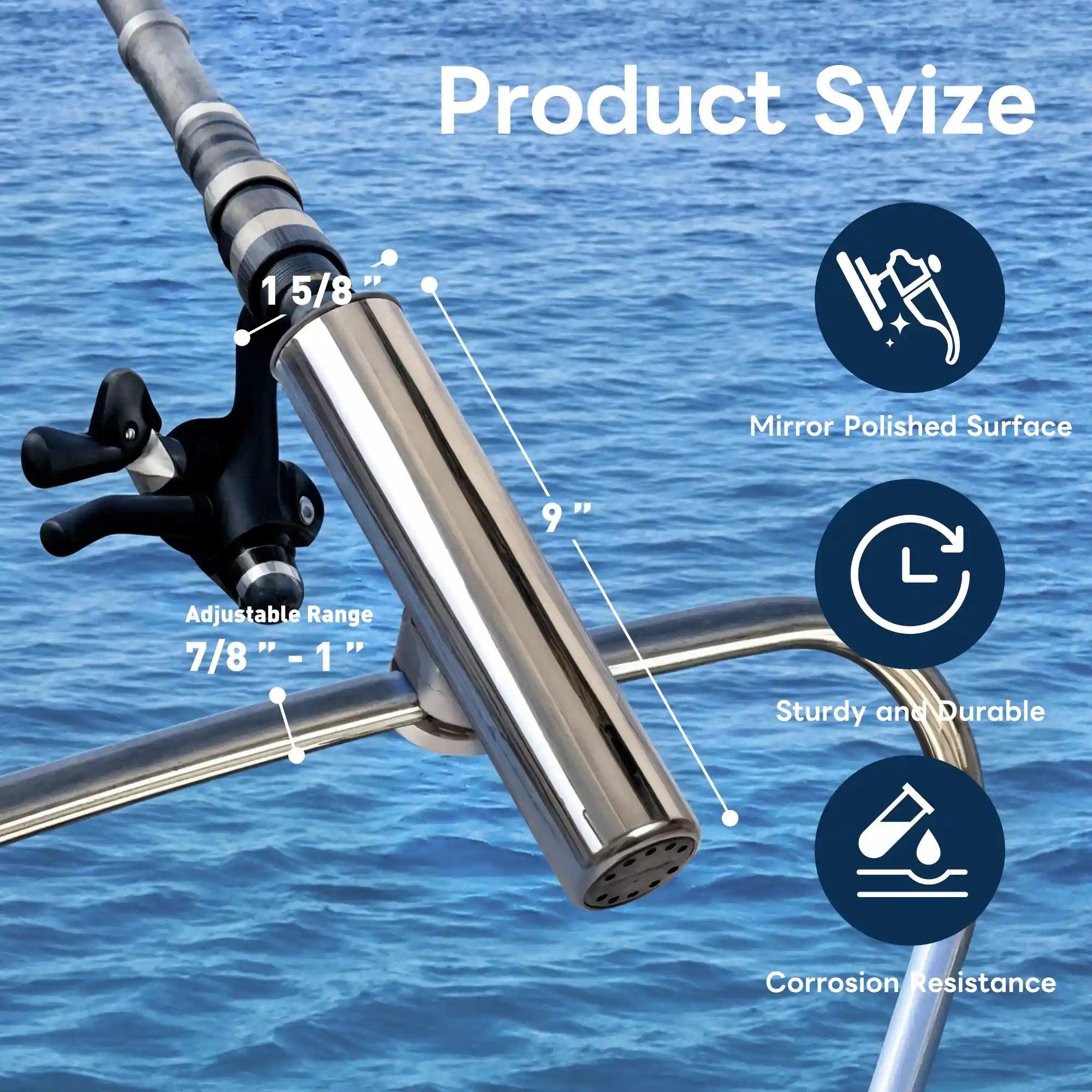 Dimension chart of Marinexplore clamp-on rod holder mounted on a boat rail with a fishing rod inserted.