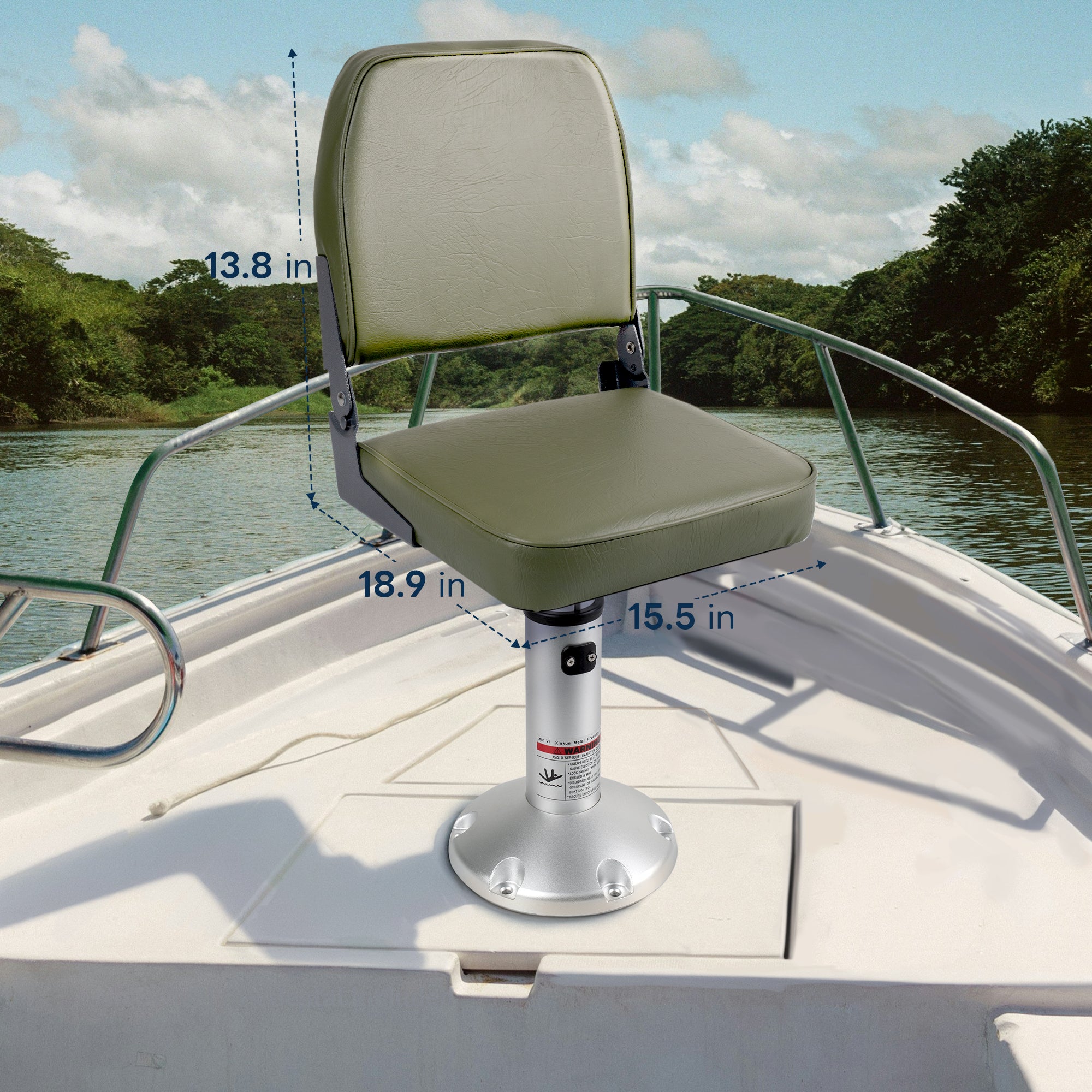Marinexplore military green fishing seat mounted on a boat pedestal pedestal, labeled with dimensions: 13.8 inches backrest height, 18.9 inches depth, and 15.5 inches seat width.