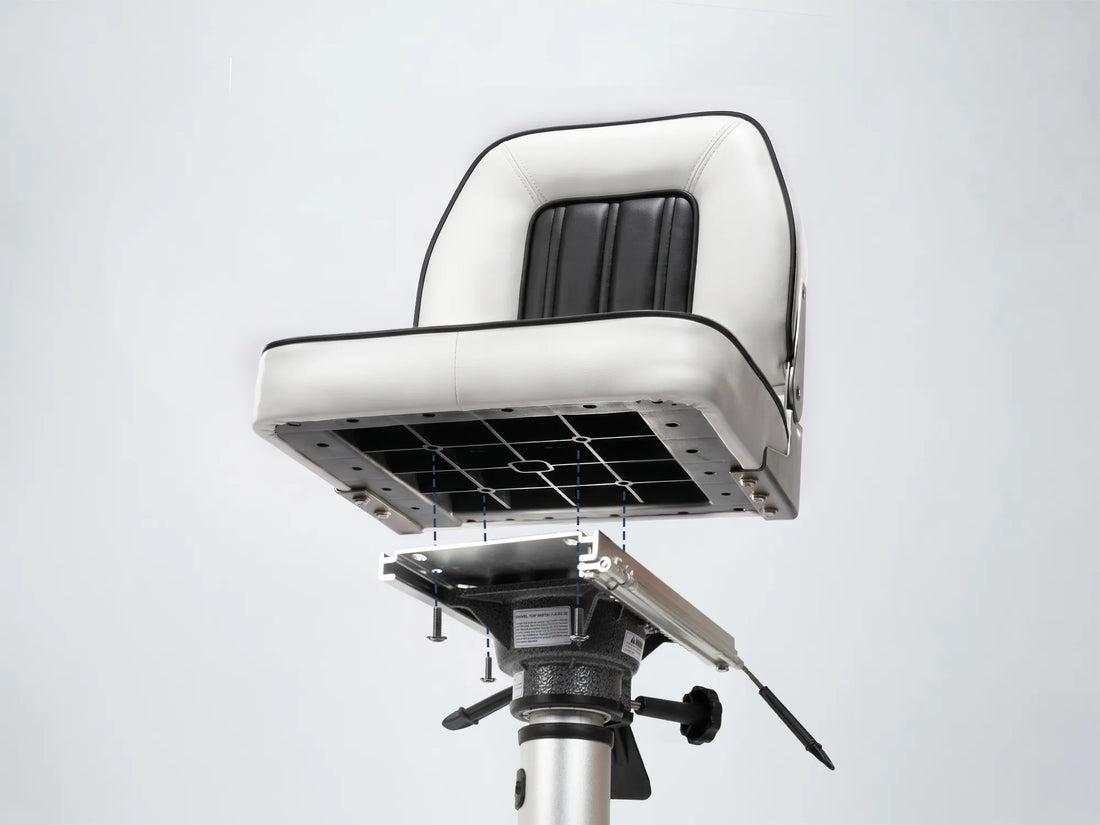 Underside view of a white and black Marinexplore fold-down boat seat mounted on a pedestal.