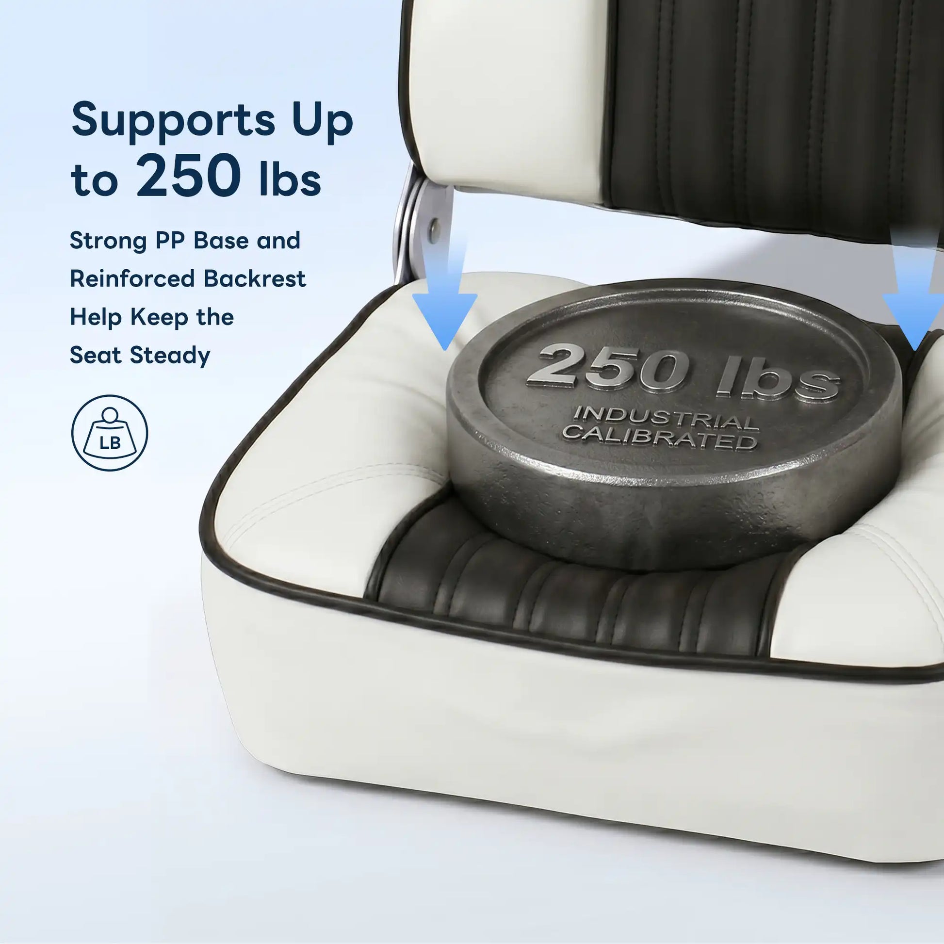 Marinexplore fold-down marine seat holding a 250 lbs calibrated weight to demonstrate its strong PP base and reinforced backrest stability.