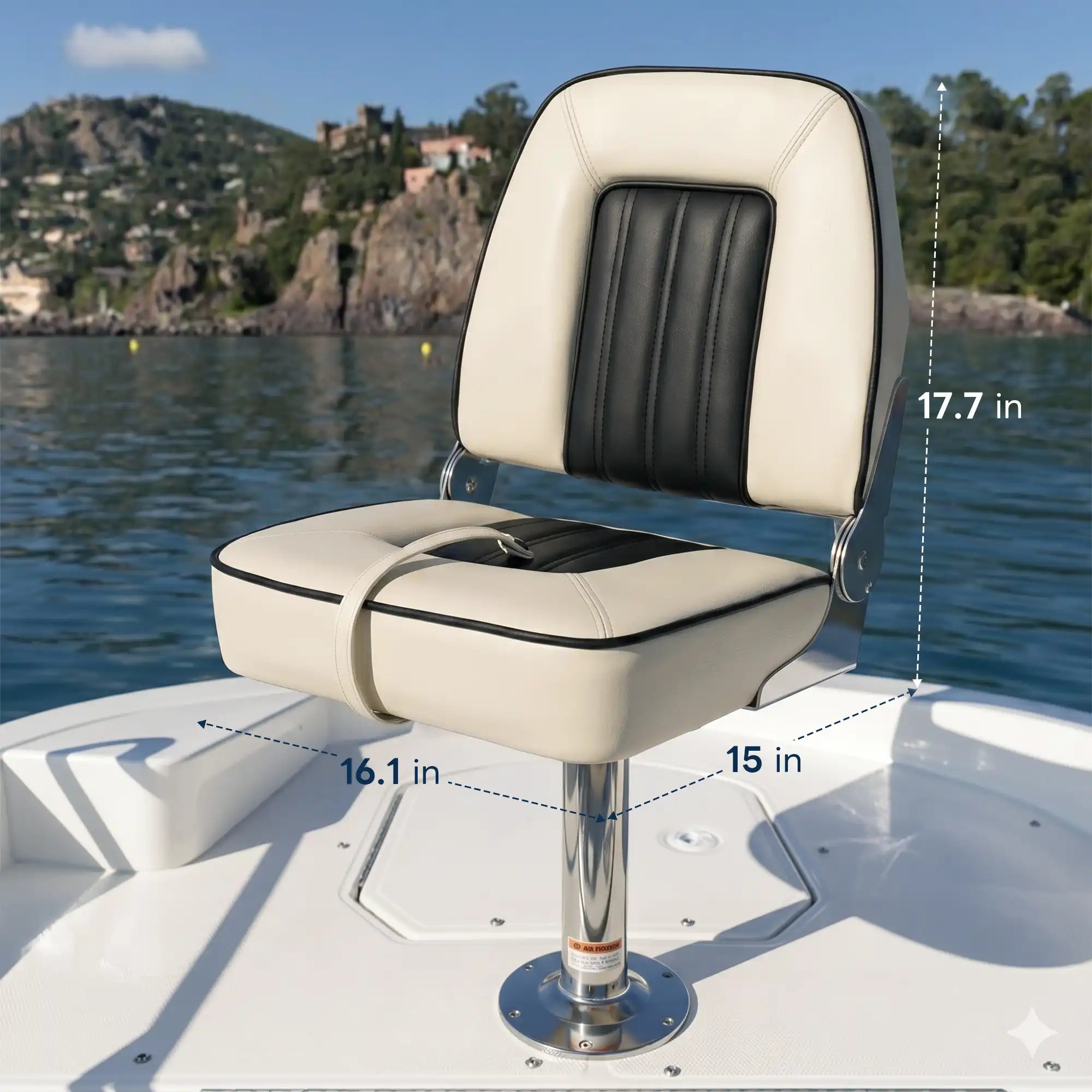 Marinexplore foldable marine seat mounted on a boat pedestal with dimensions showing 17.7" height, 16.1" width, and 15" depth.