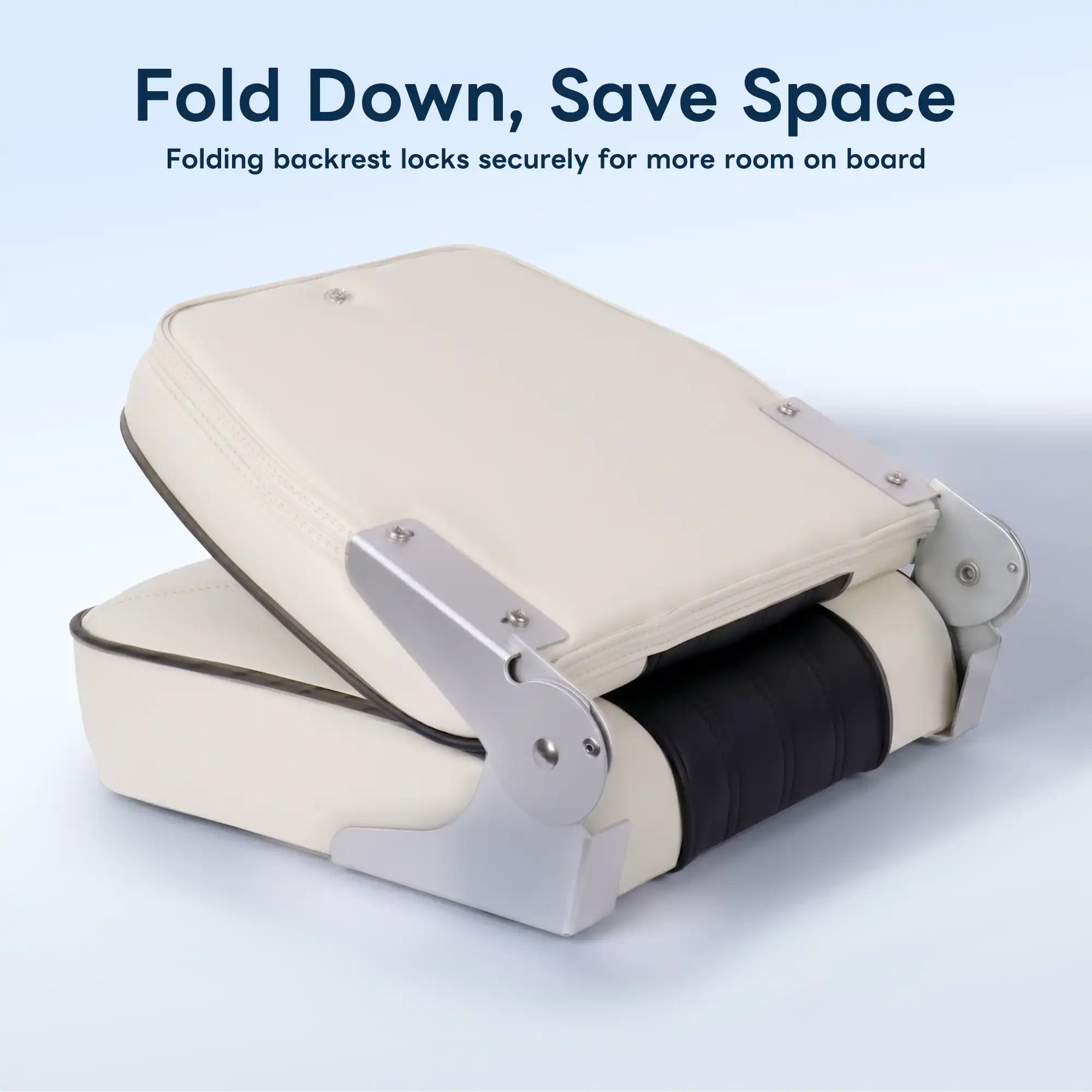 Marinexplore fishing boat seat folded down flat with heavy-duty aluminum hinges, highlighting its space-saving design for boat decks.