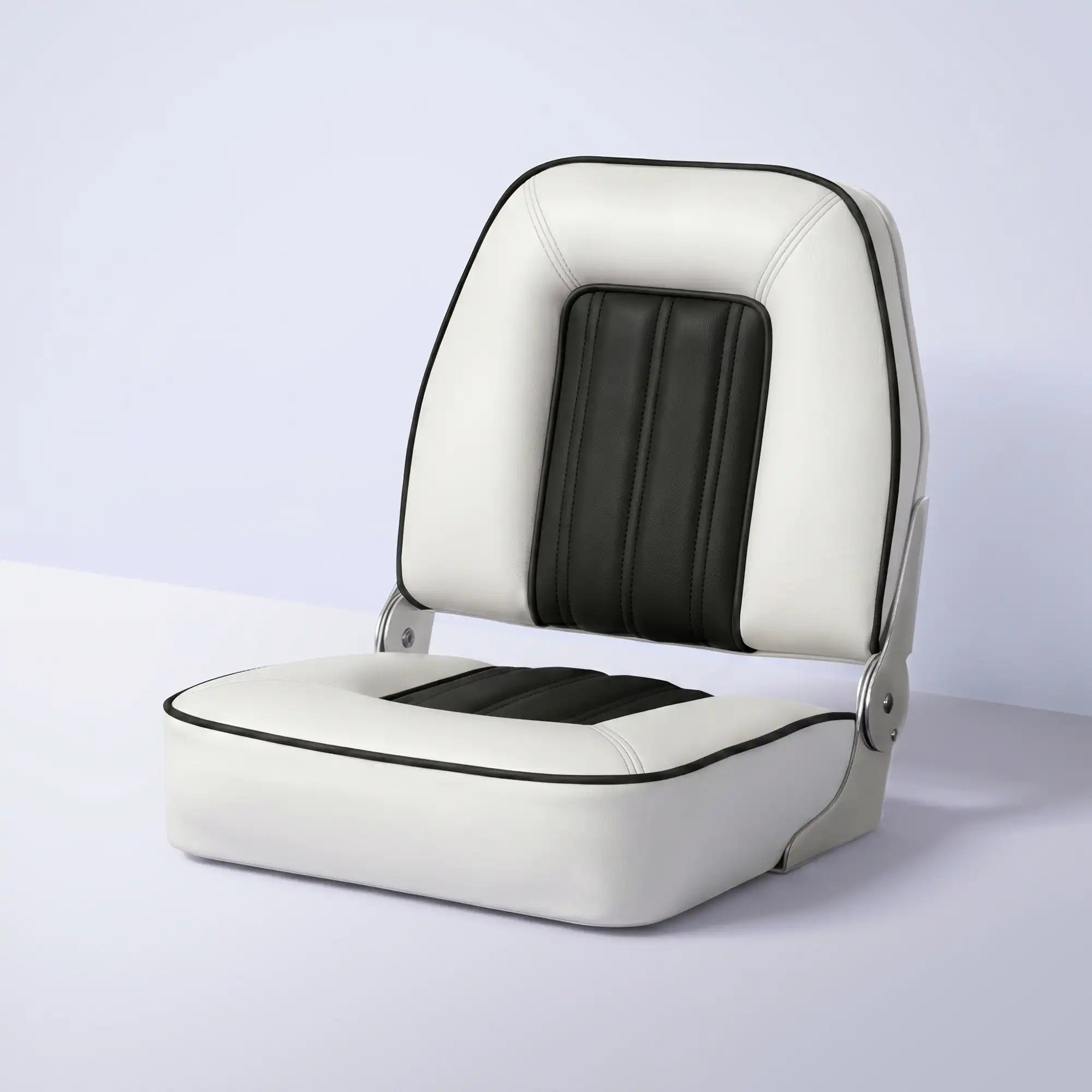 Front view of Marinexplore white and black fold-down fishing boat seat featuring a contoured ergonomic backrest and classic black piping.
