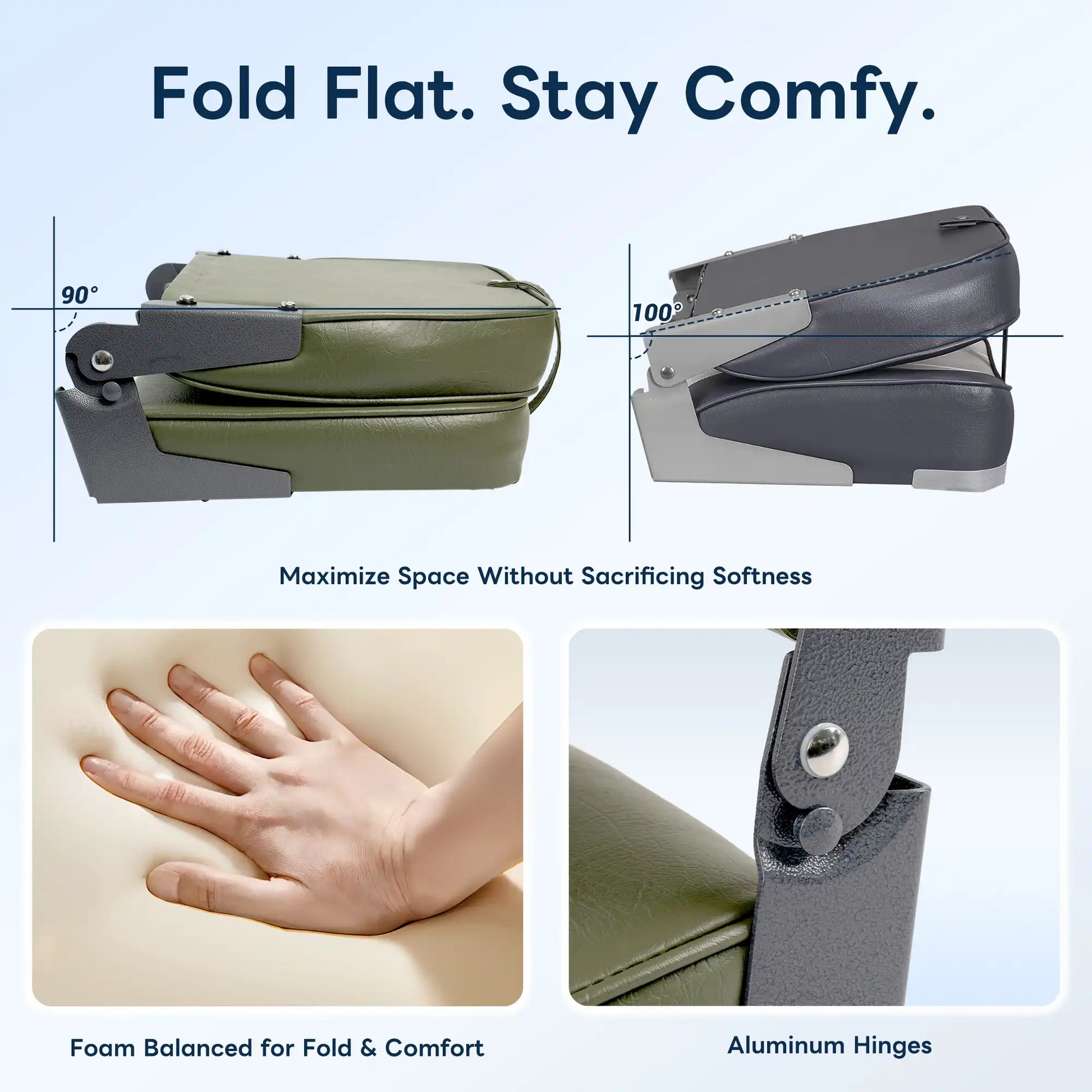 Side-by-side comparison of the Marinexplore space-saving boat seat folding flat at a 90-degree angle versus a standard 100-degree seat, featuring thick foam balance and strong aluminum hinges.