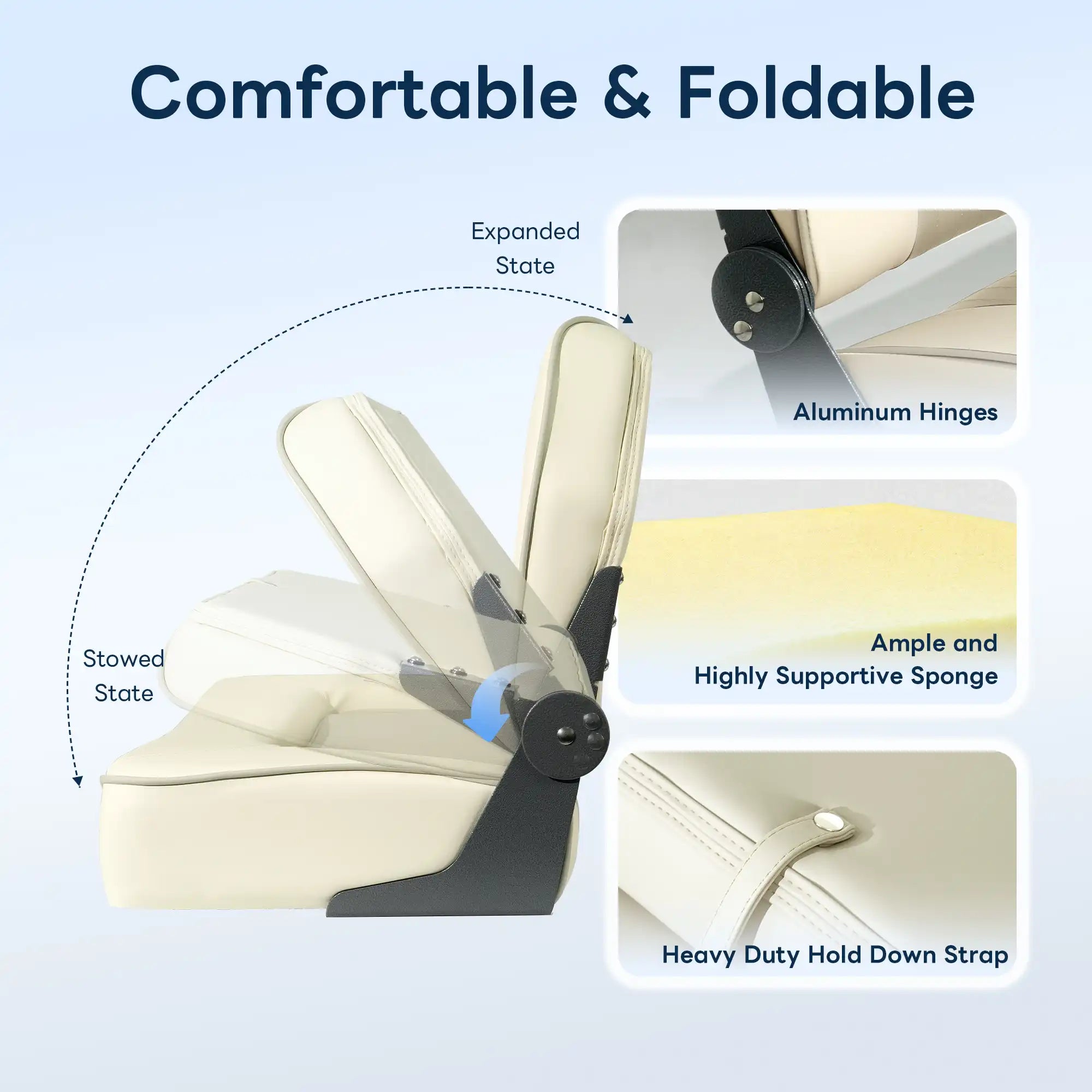 Comfortable foldable boat seat with heavy-duty aluminum hinges and high-density memory foam support.