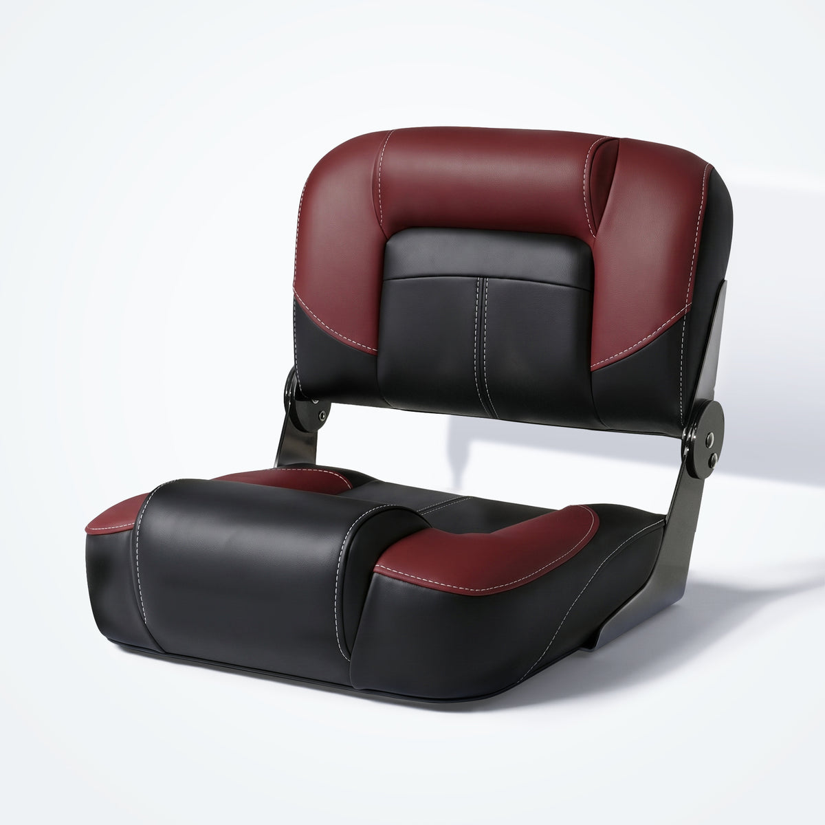 Front angle view of Marinexplore folding bass boat seat in red and black, featuring a low-back ergonomic design and premium marine vinyl upholstery.