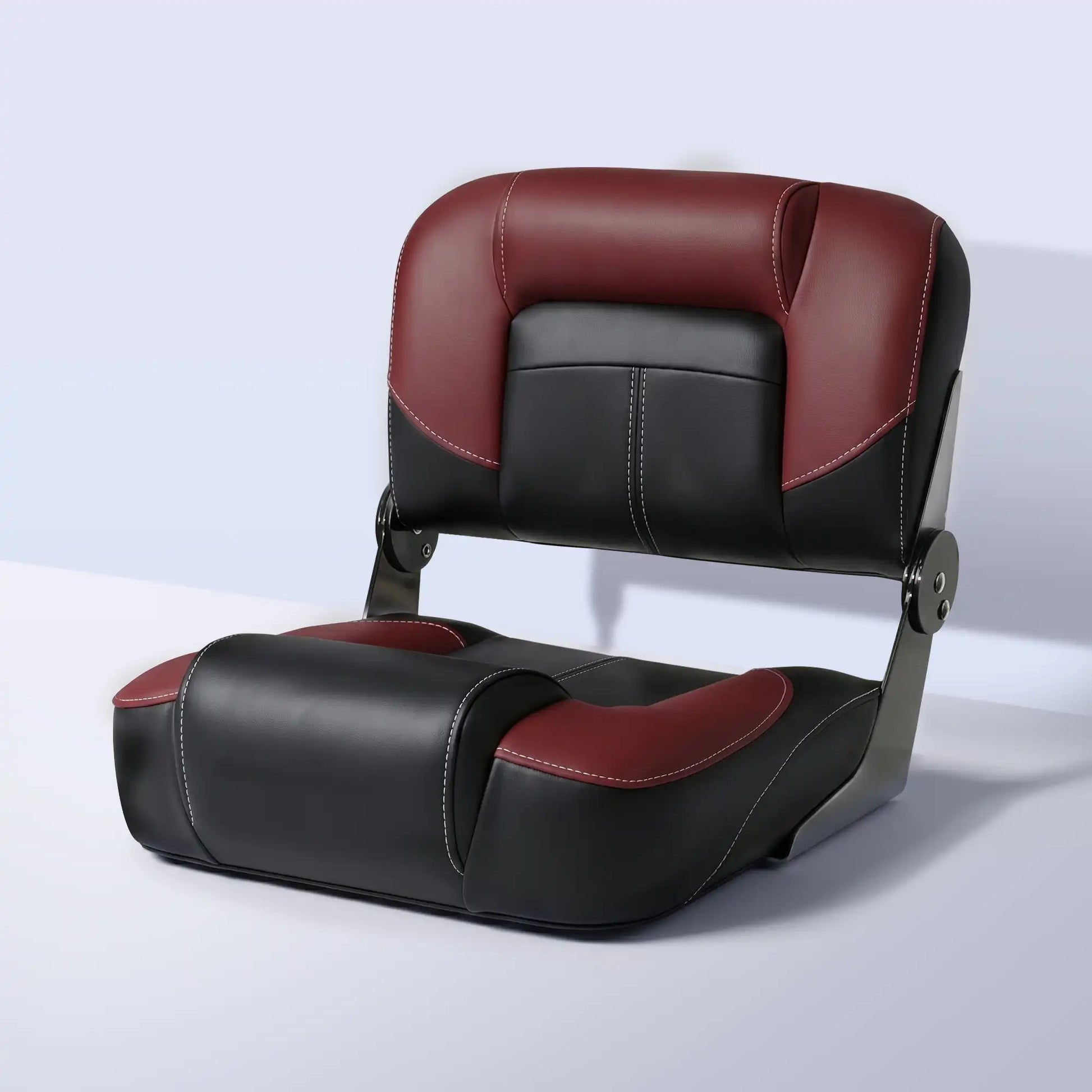 Front angle view of Marinexplore folding bass boat seat in red and black, featuring a low-back ergonomic design and premium marine vinyl upholstery.