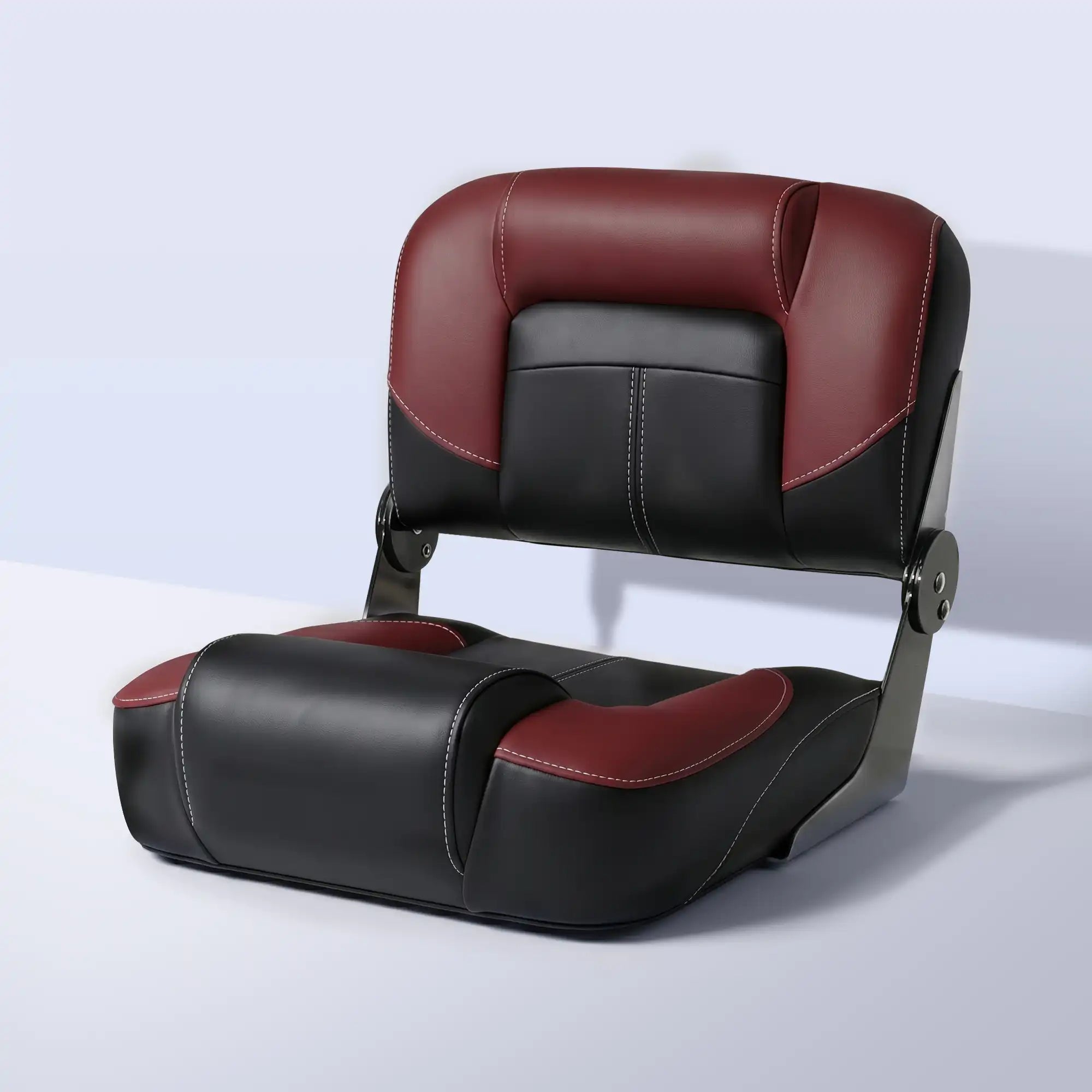 Front angle view of Marinexplore folding bass boat seat in red and black, featuring a low-back ergonomic design and premium marine vinyl upholstery.