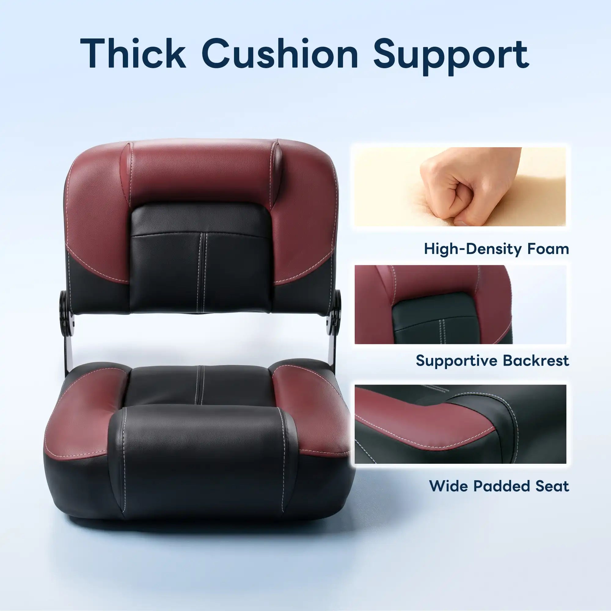 Product feature diagram of Marinexplore low-back seat showcasing the thick high-compression foam, supportive backrest, and wide padded seat for all-day comfort.