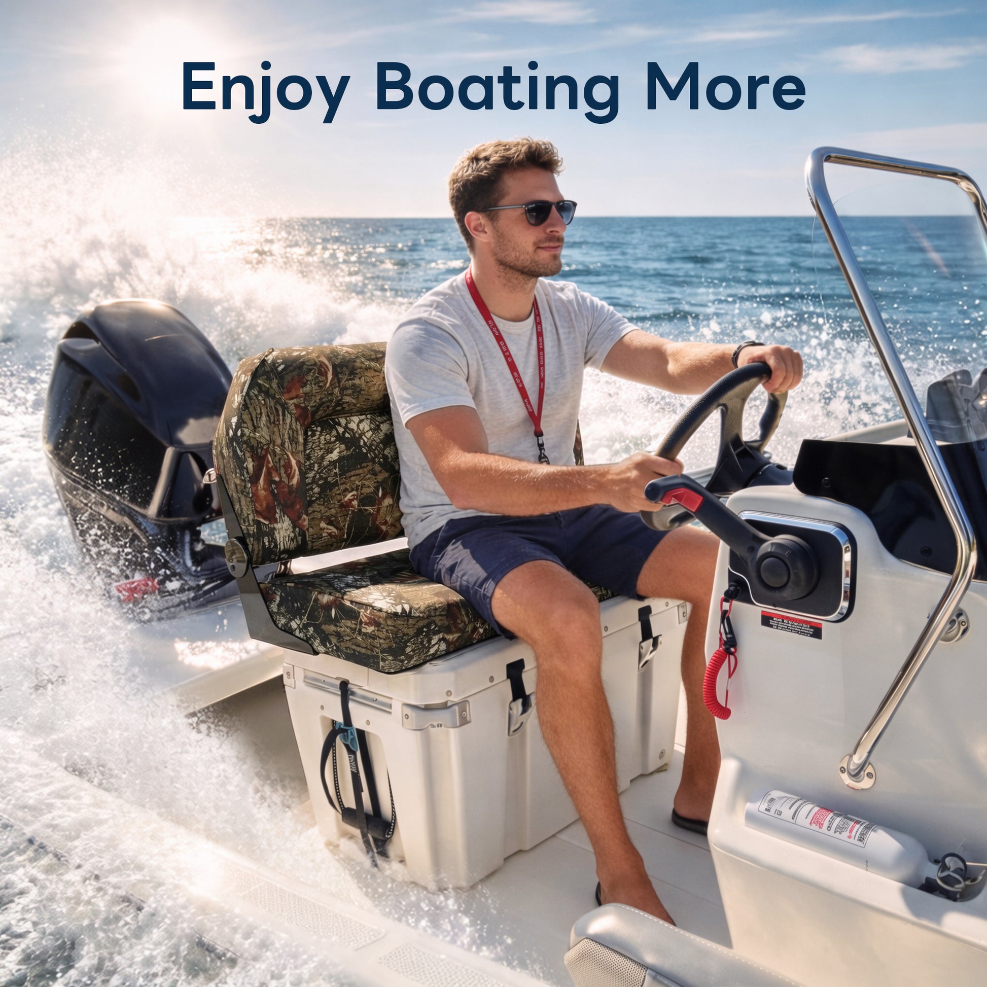 A man driving a motorboat while sitting on the Marinexplore camo folding boat bench seat mounted on a cooler console during a sunny day at sea.