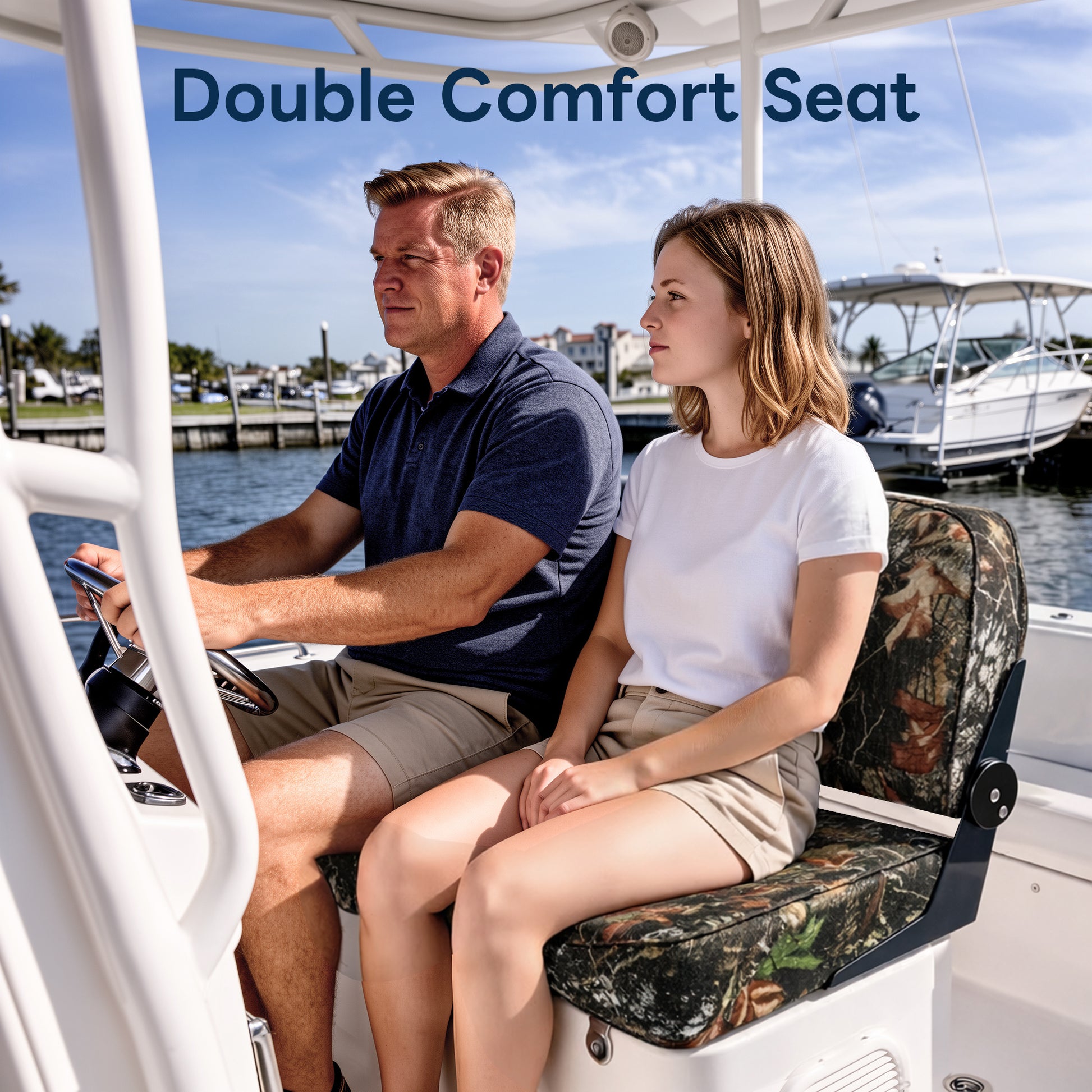 Two people sitting comfortably side-by-side on the Marinexplore 37-inch camouflage folding boat bench seat while cruising on the water.