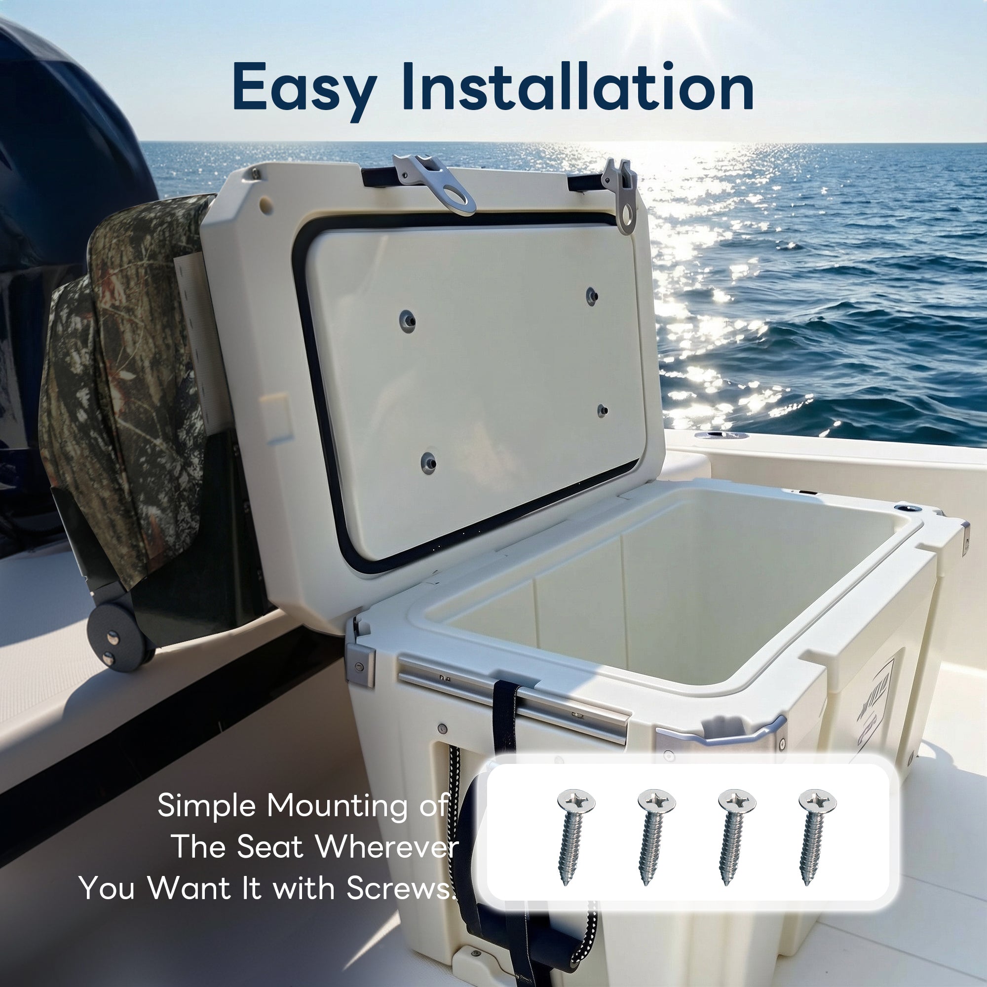Easy installation of the Marinexplore camo folding boat bench seat mounted onto the lid of a white marine cooler using four included stainless steel screws.
