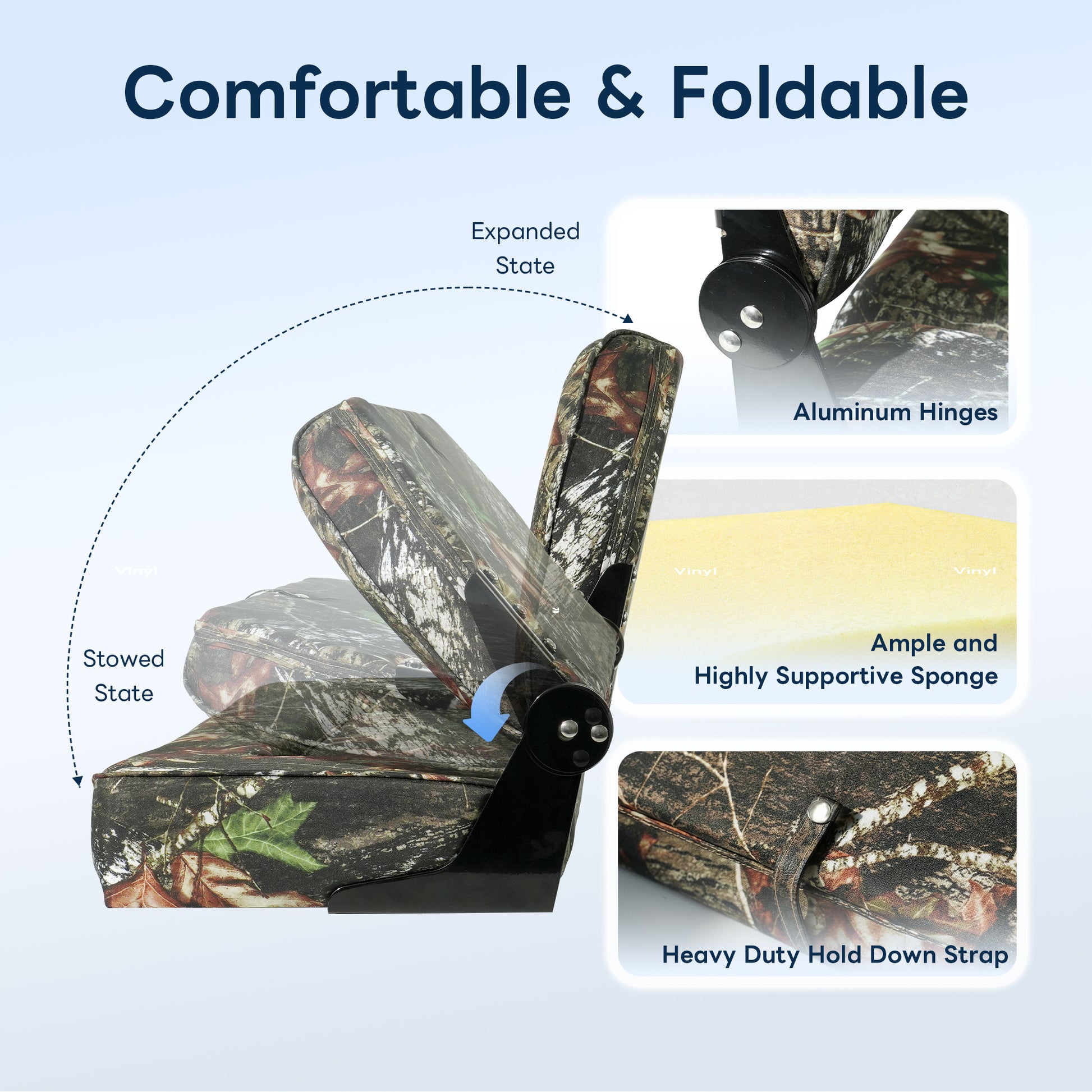 Diagram of the Marinexplore camo boat bench seat showing the foldable backrest moving from expanded state to stowed state, featuring aluminum hinges and a heavy-duty hold-down strap.