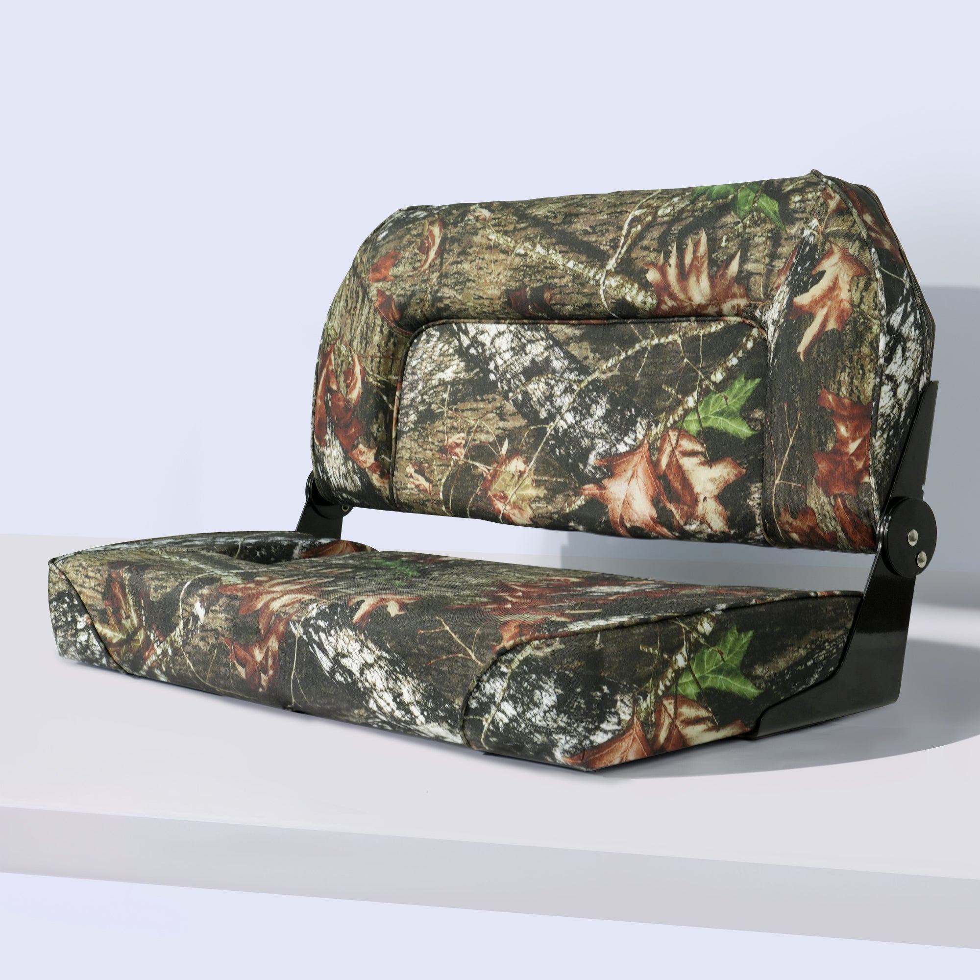 Marinexplore folding boat bench seat in camouflage pattern, showcasing the marine-grade vinyl fabric and sturdy aluminum hinges from a front three-quarter view.