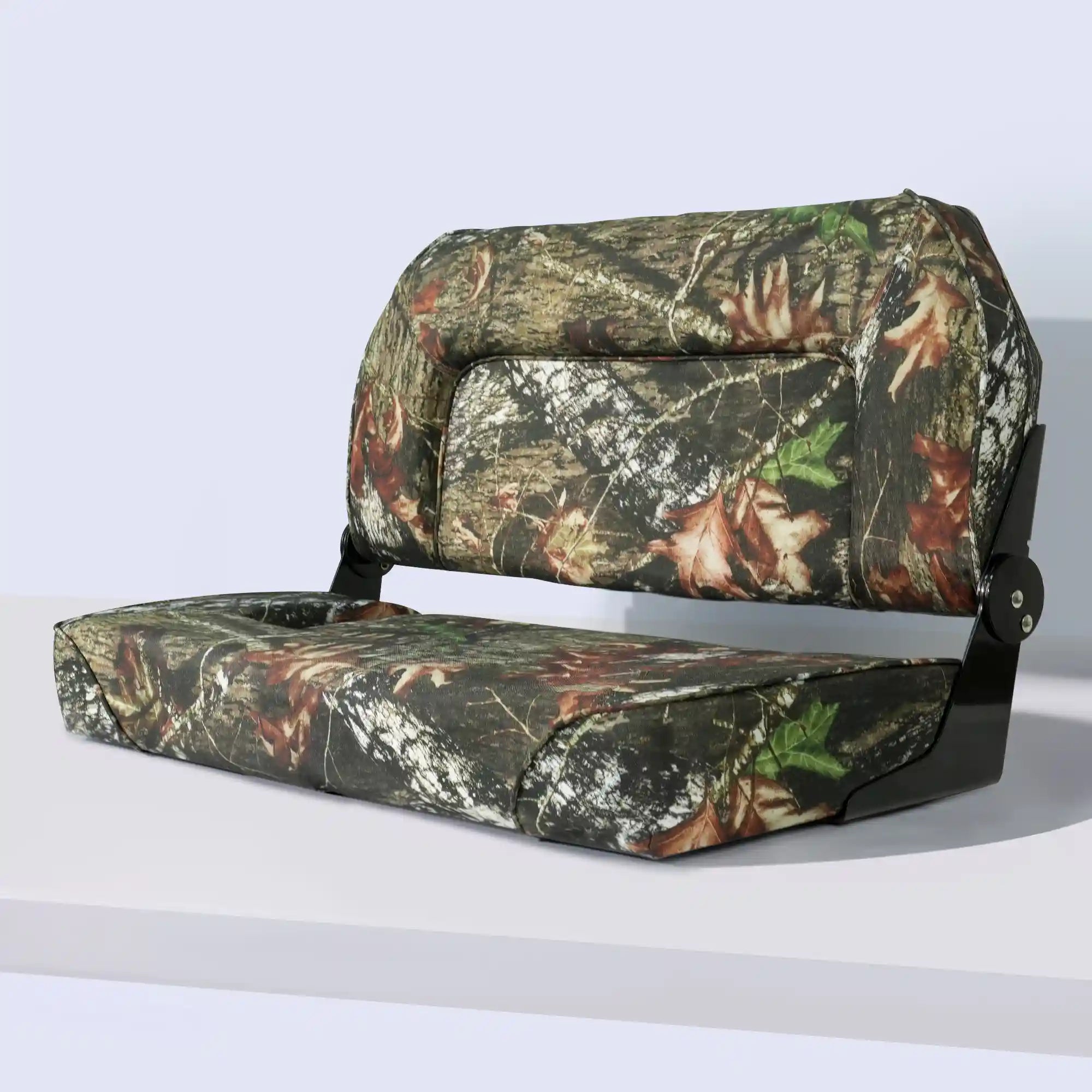 Marinexplore folding boat bench seat in camouflage pattern, showcasing the marine-grade vinyl fabric and sturdy aluminum hinges from a front three-quarter view.