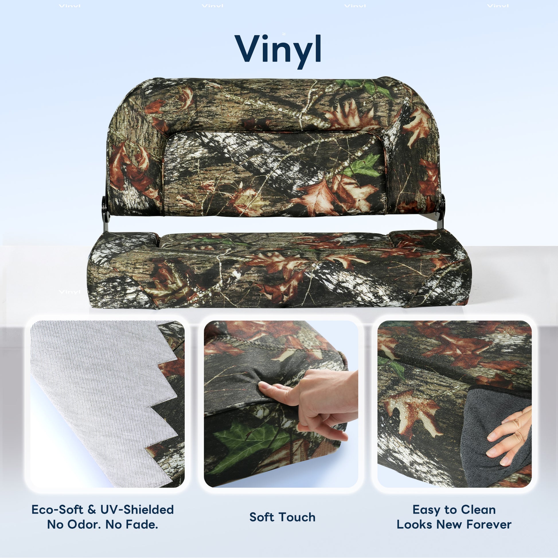 Close-up details of the Marinexplore camouflage boat bench seat fabric, highlighting the eco-soft, UV-shielded, odor-free, and easy-to-clean marine vinyl material.