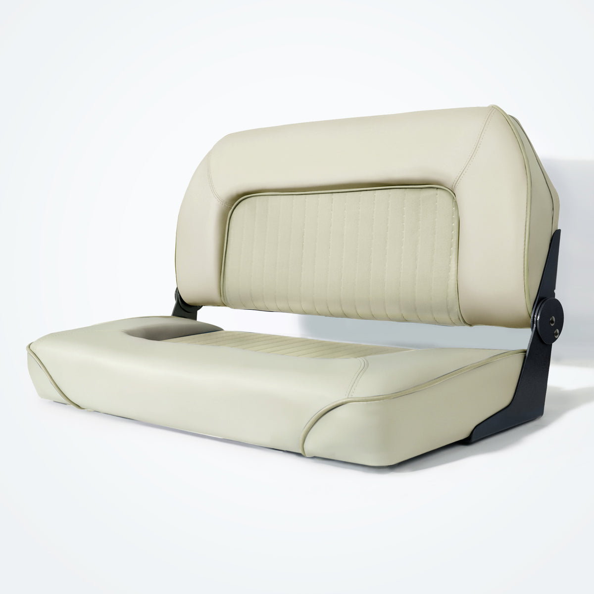 Front view of Marinexplore folding boat bench seat in cream, featuring a spacious two-rider low-back design with marine-grade vinyl upholstery.