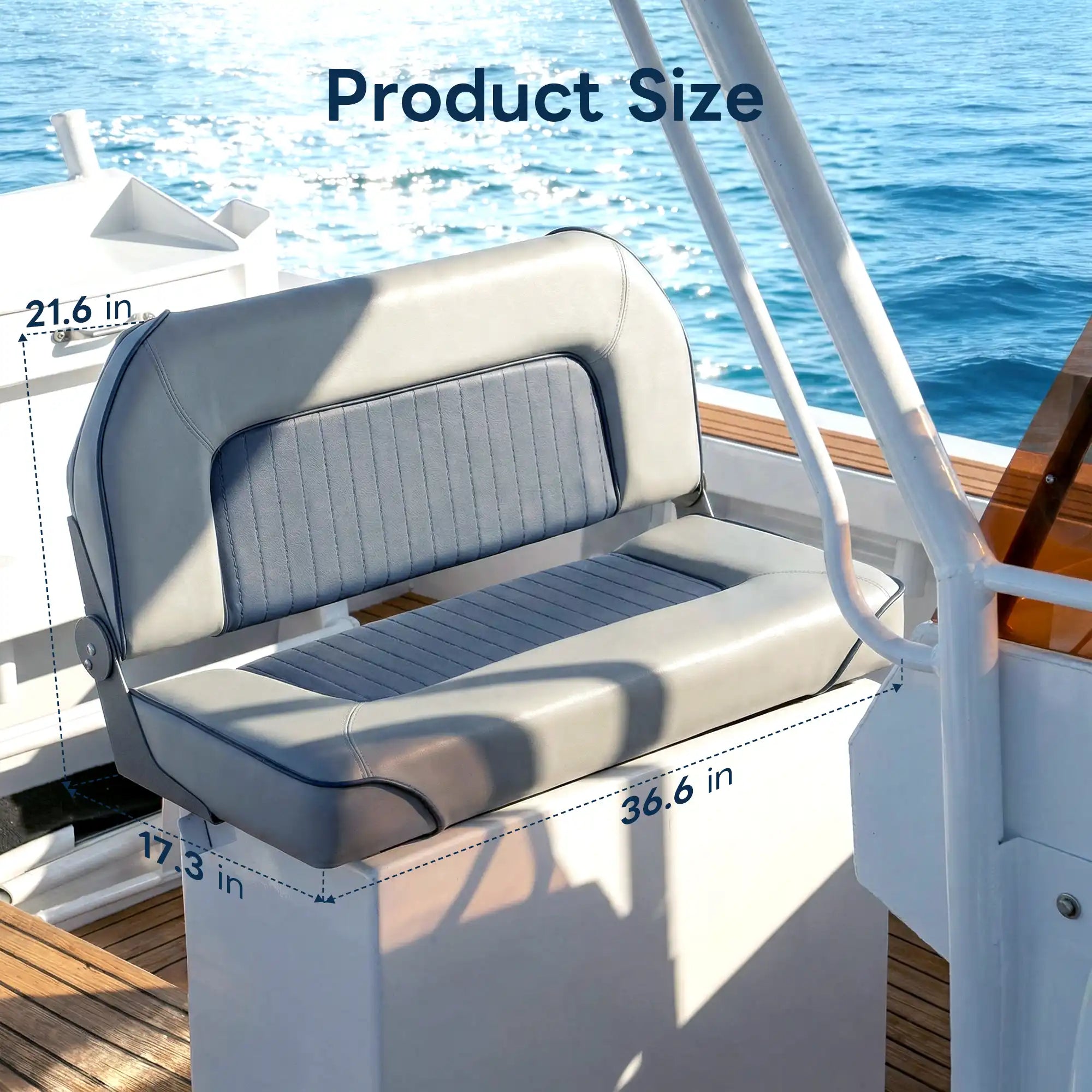 Technical specifications and dimensions of Marinexplore double folding boat seat for fishing boats.
