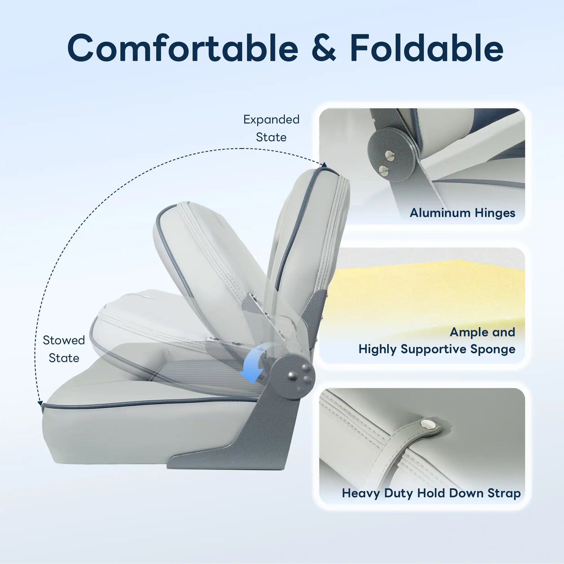 Marinexplore folding boat seat showing foldable backrest, aluminum hinges, and heavy-duty hold down strap.