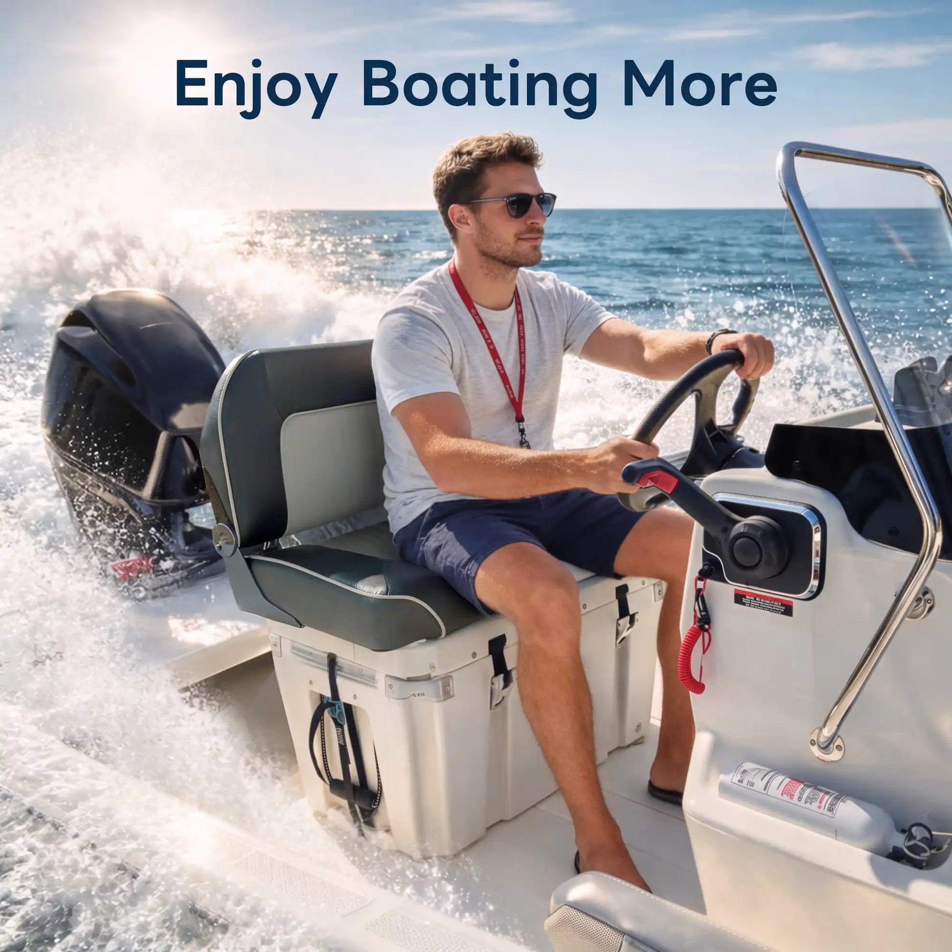 A male captain driving a fast fishing boat in open water, enjoying full back support from the Marinexplore heavy-duty folding captain bench seat.