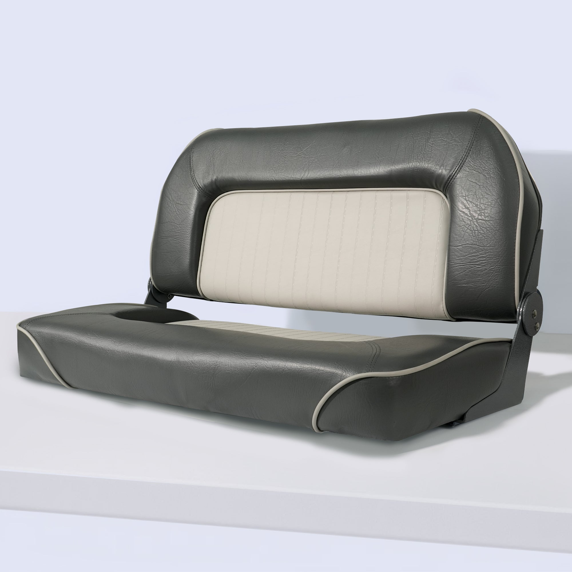 Marinexplore 37 inch folding boat bench seat in dark grey and charcoal with premium PU leather dual-tone cushions, shown from a front three-quarter angle.
