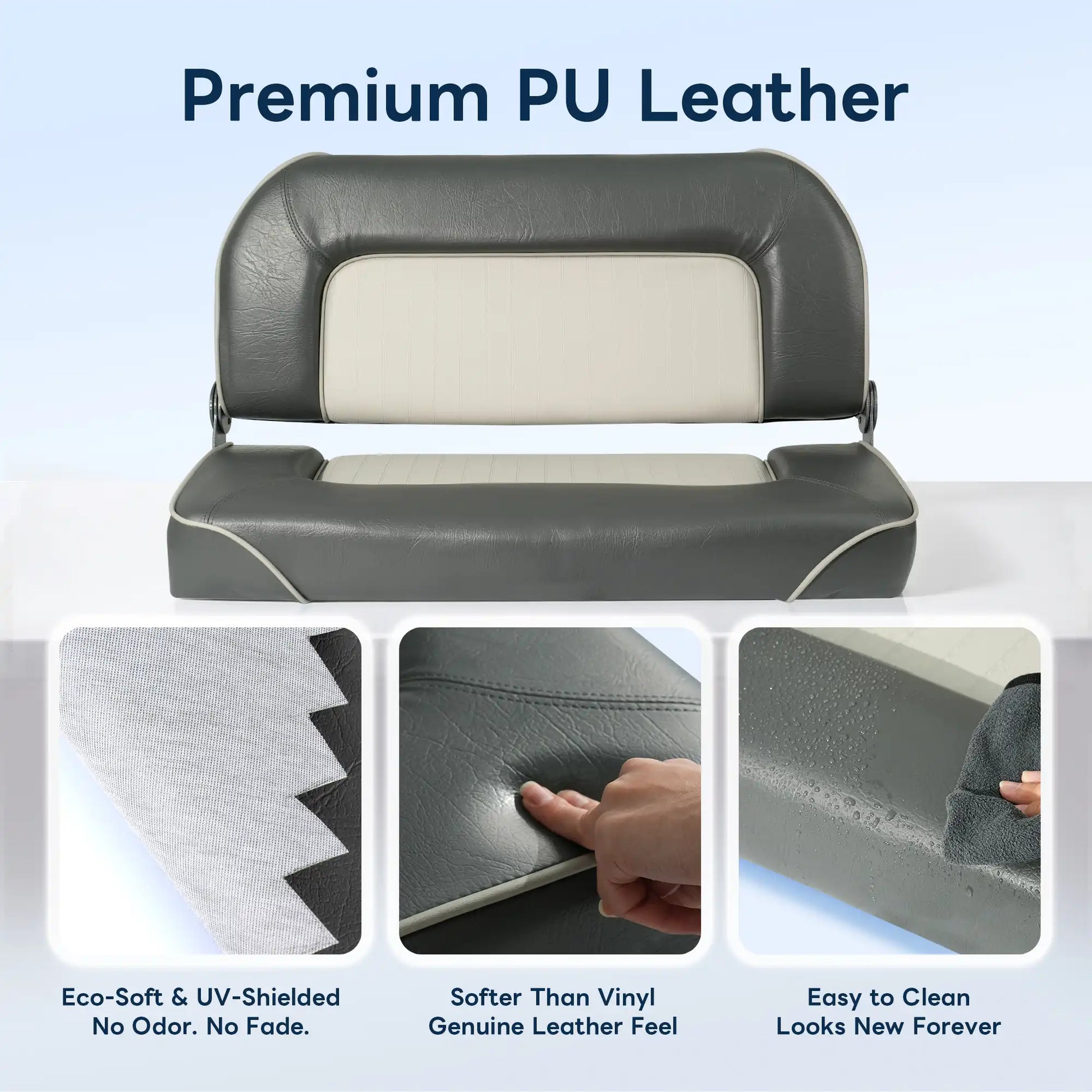 Close-up material breakdown of Marinexplore boat bench seat highlighting eco-soft UV-shielded premium PU leather that is waterproof and easy to clean.