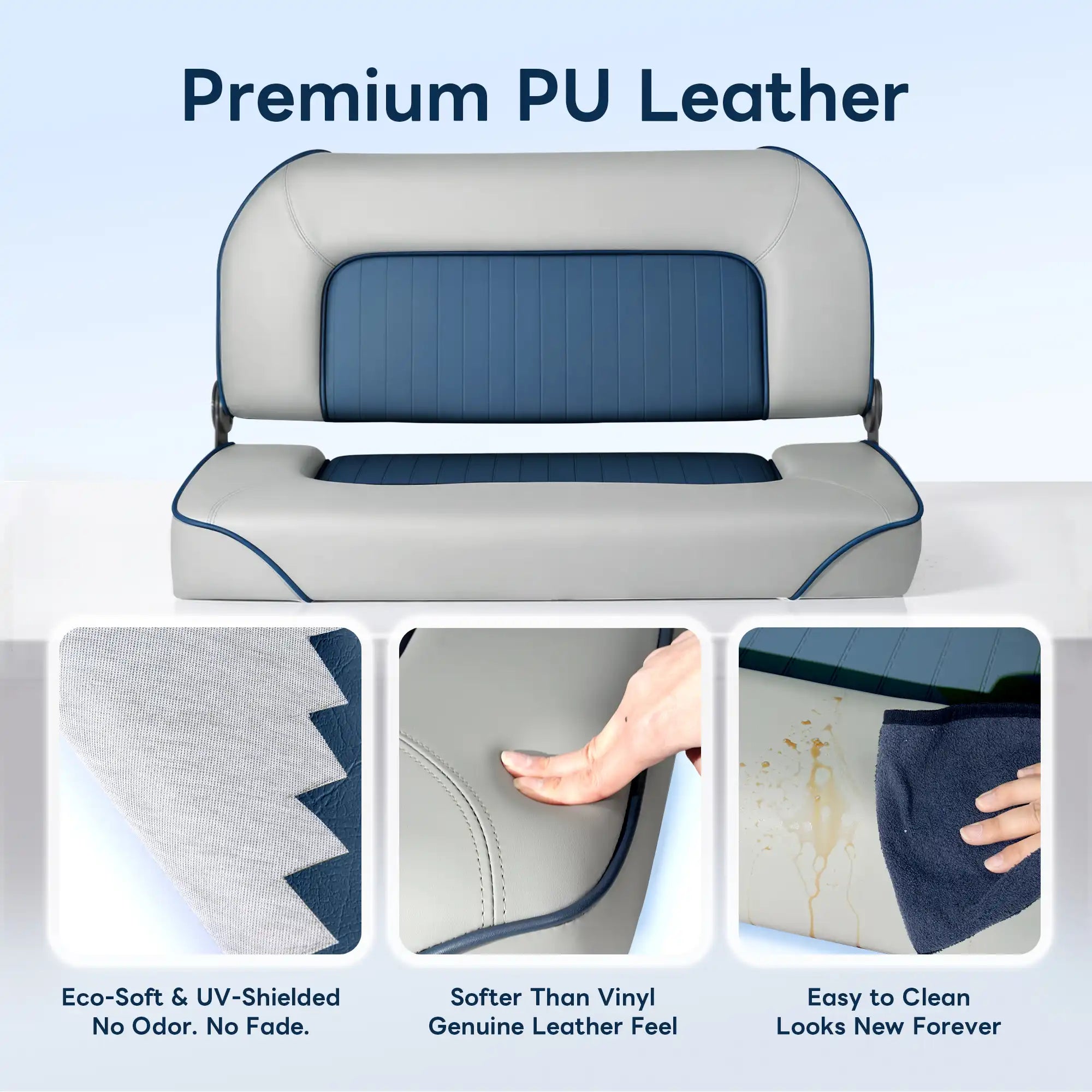 Premium blue PU leather surface of Marinexplore marine boat seat showing UV-shielded and easy-to-clean material.