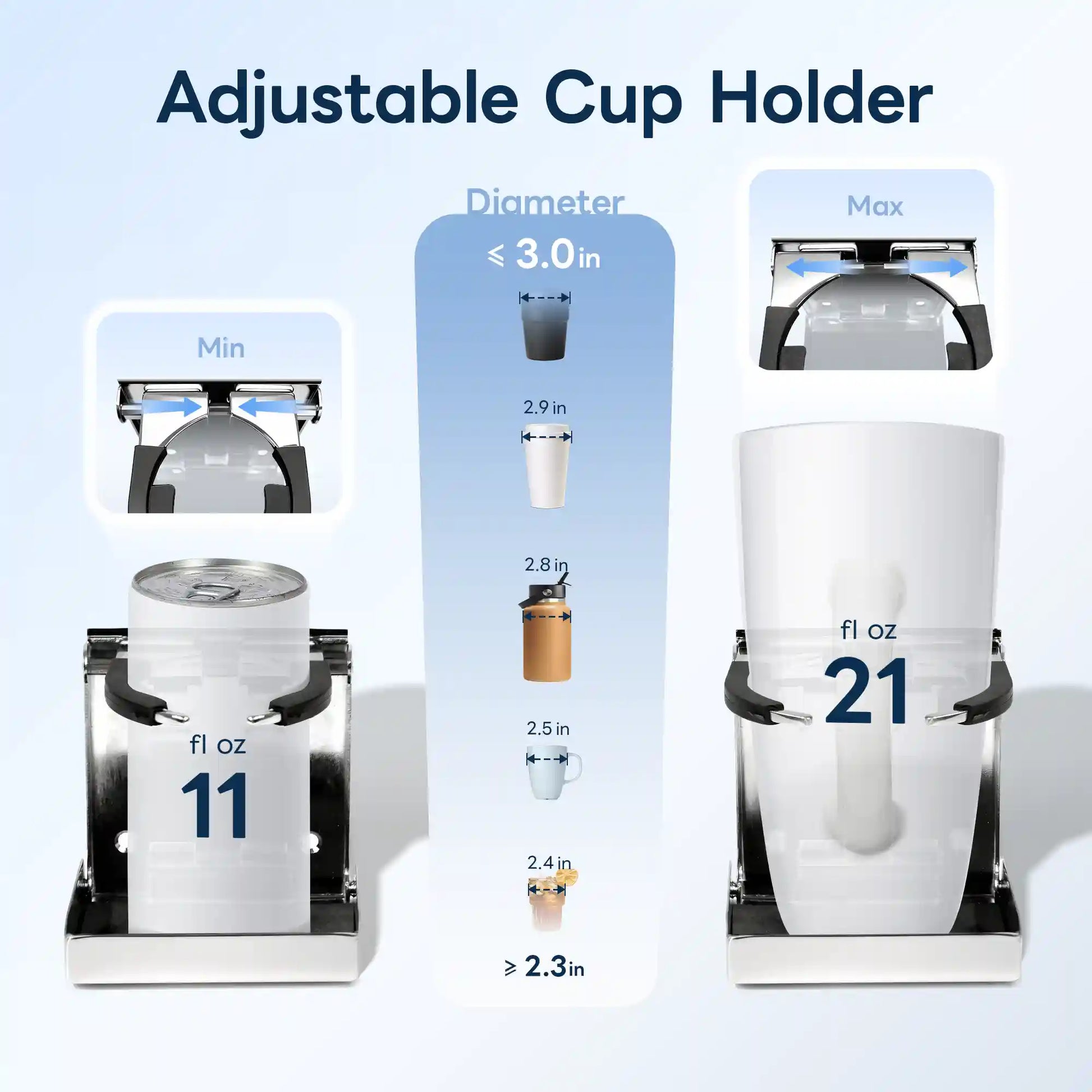 Marinexplore folding boat cup holder adjustable arm capacity diagram showing minimum position gripping an 11 fl oz small cup on the left and maximum position holding a 21 fl oz large cup on the right, with a center column listing five compatible cup diameters from 2.4 to 3.0 inches and a minimum fitting size of 2.3 inches.